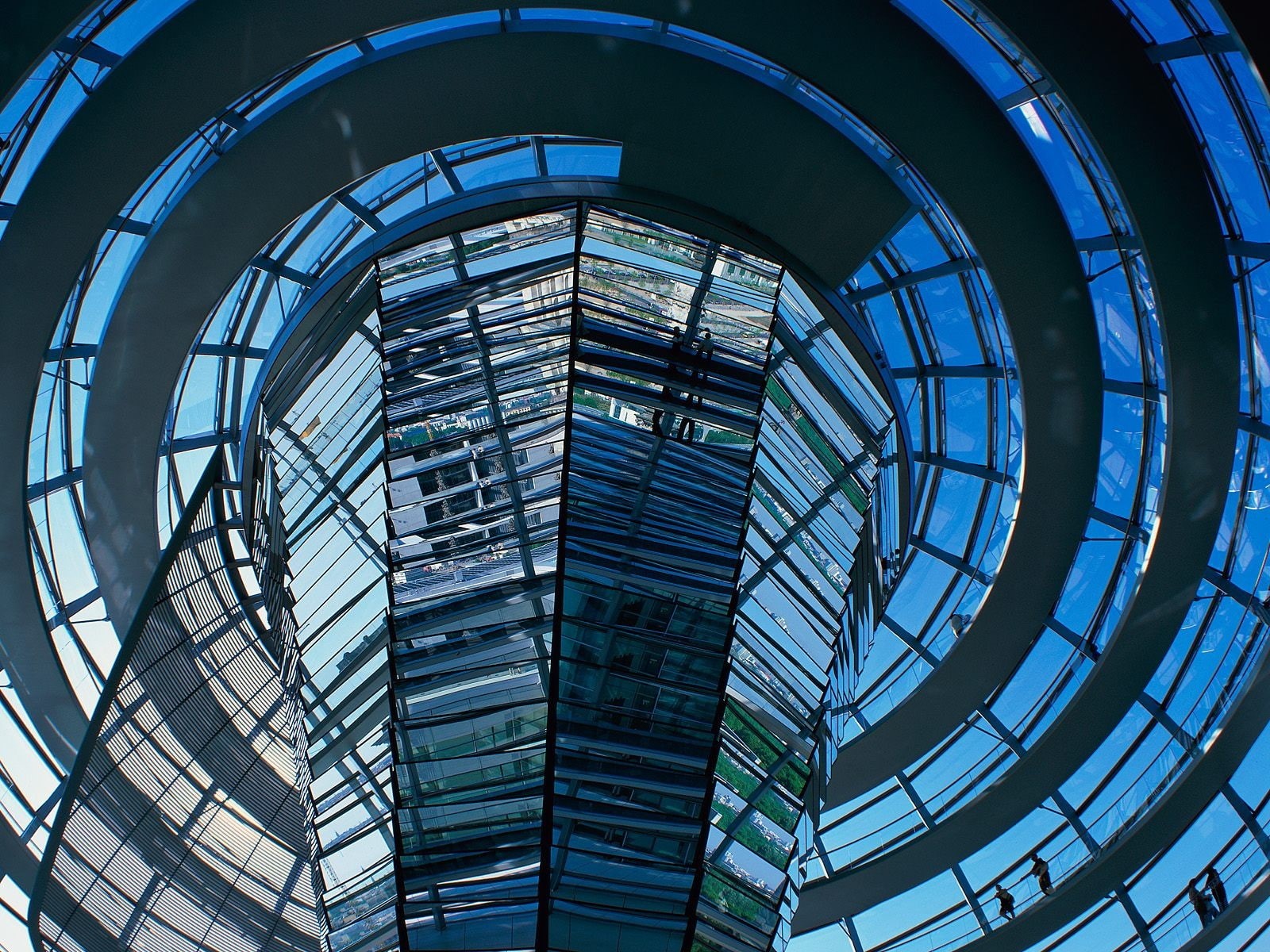 glass - material, building exterior, 720P, ceiling, skyscraper, window, outdoors, staircase, building, people, nature, no people, circle, Reichstag, modern, HD Wallpaper