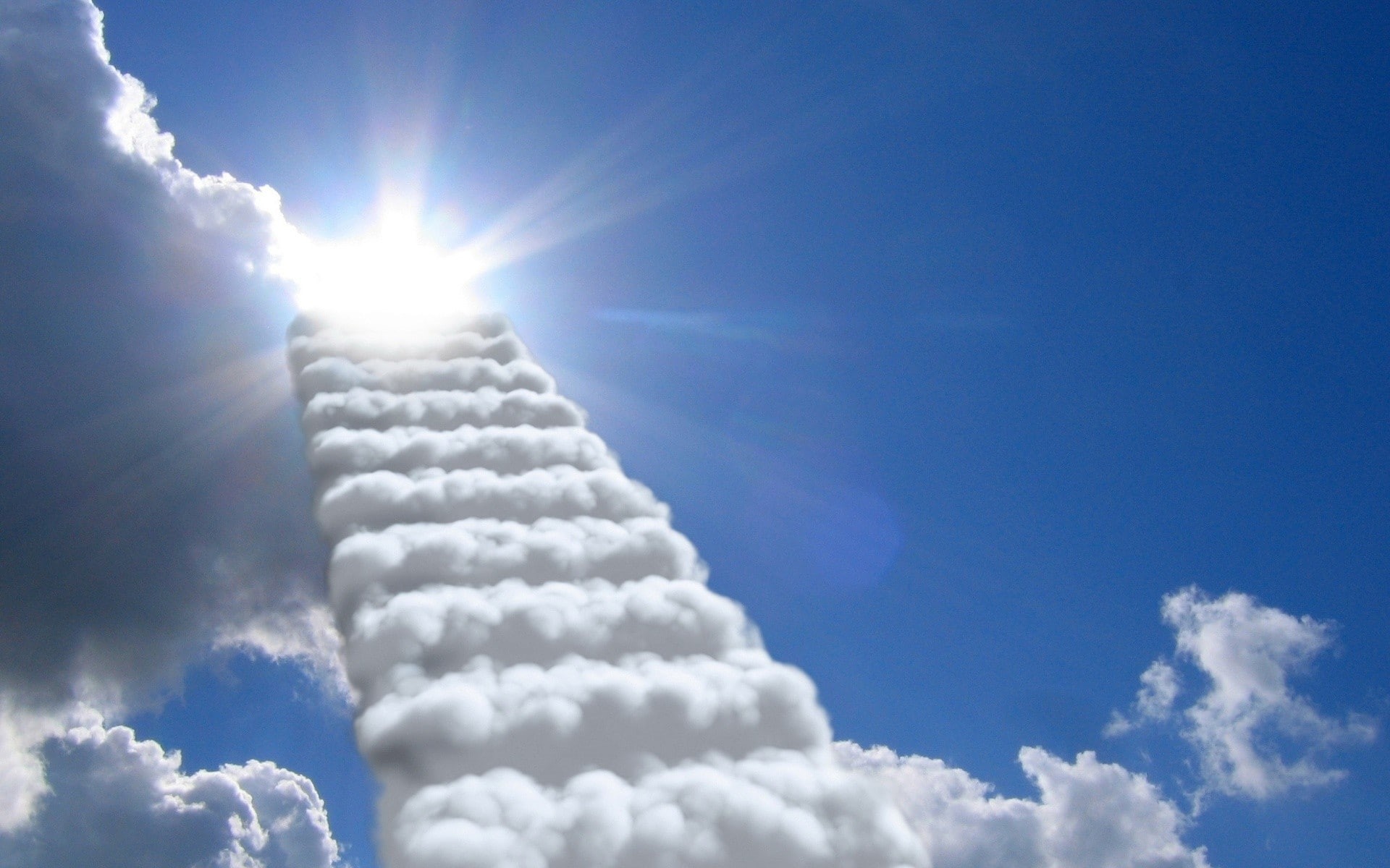 photo manipulation, clouds, digital art, 1080P, sky, Sun, staircase, HD Wallpaper