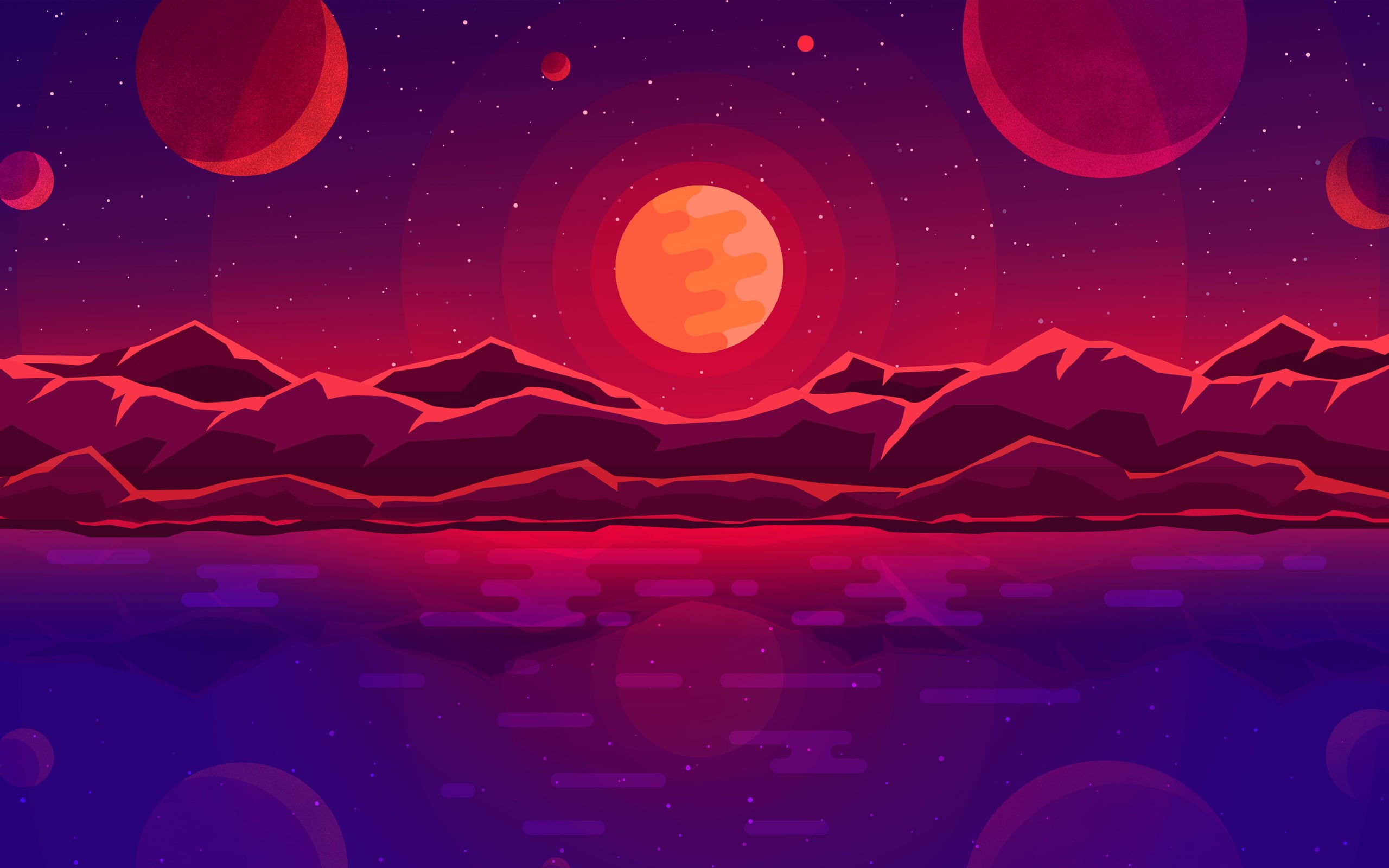 geometric shape, circle, illuminated, red, astronomy, lighting equipment, nature, Sun, sunset, 2K, digital, water, shape, sea, mountains, space, HD Wallpaper