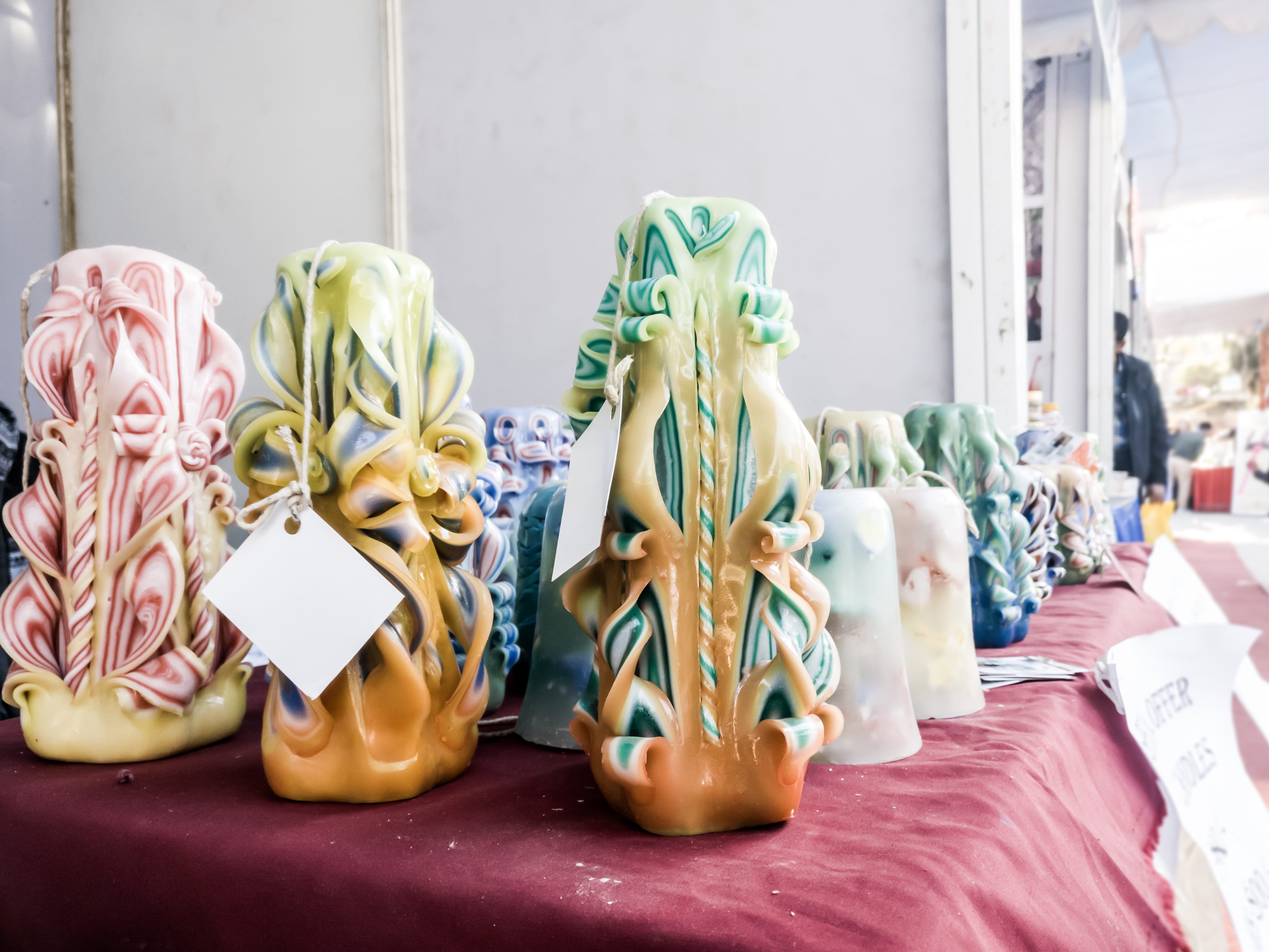 close-up, bhrikutimandap exhibition hall, handicraft, arrangement, colourful decorative candles, retail display, mannequin, for sale, consumerism, indoors, HD Wallpaper
