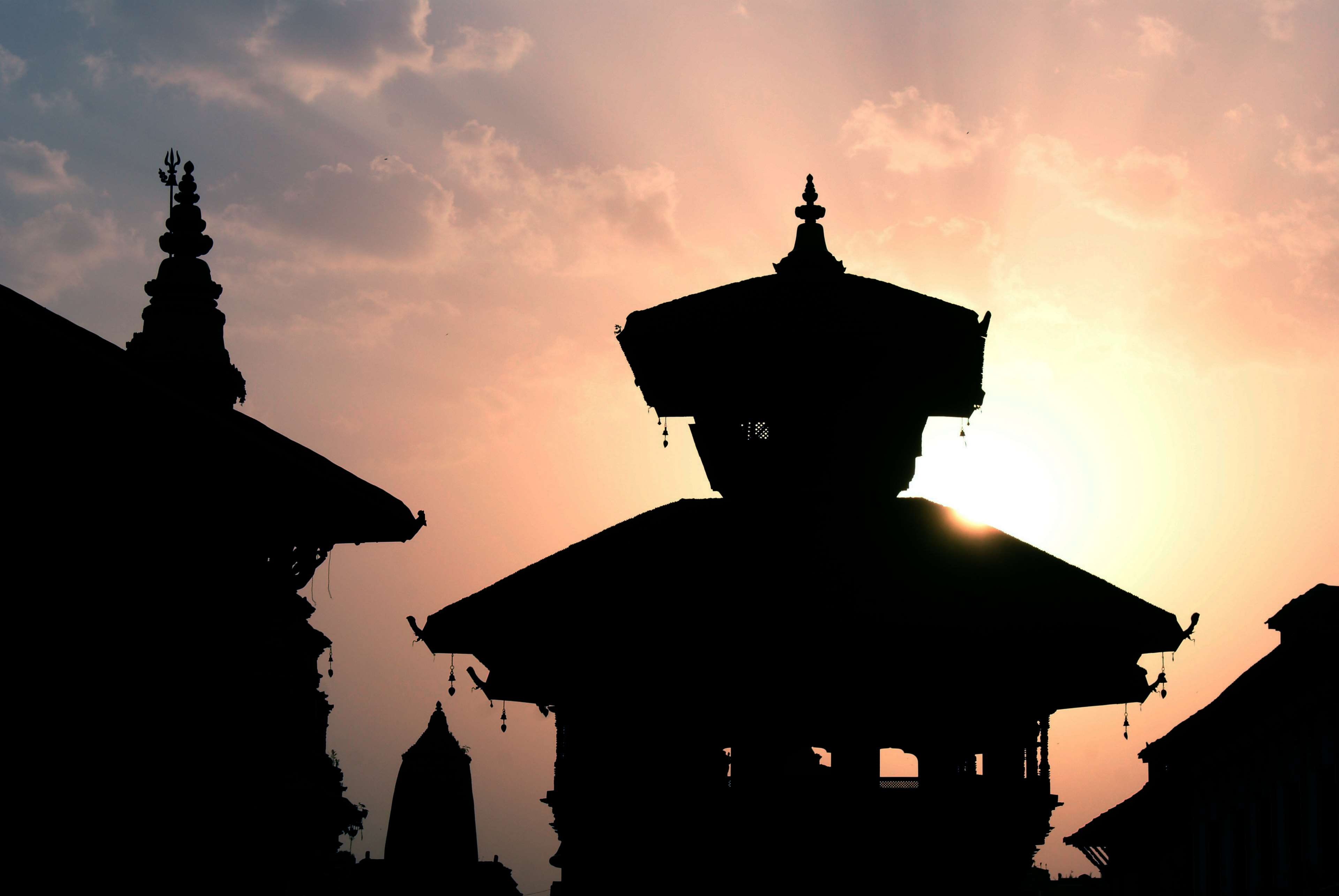 cloud - sky, built structure, belief, architecture, orange color, spirituality, nature, sunset, no people, temple, nepal, religion, building, outdoors, HD Wallpaper