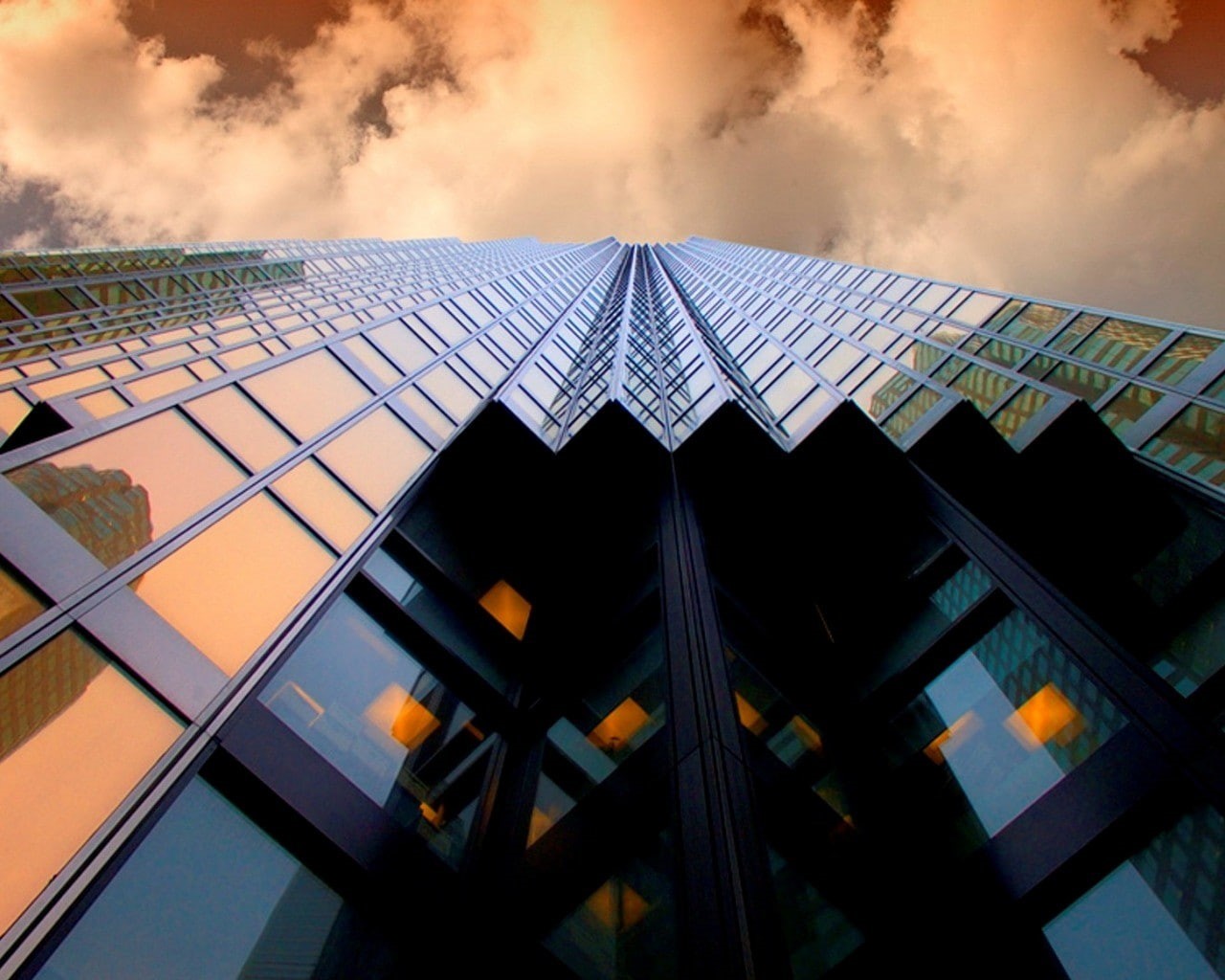 architecture, 720P, clouds, skyscraper, worms eye view, glass, reflection, HD Wallpaper