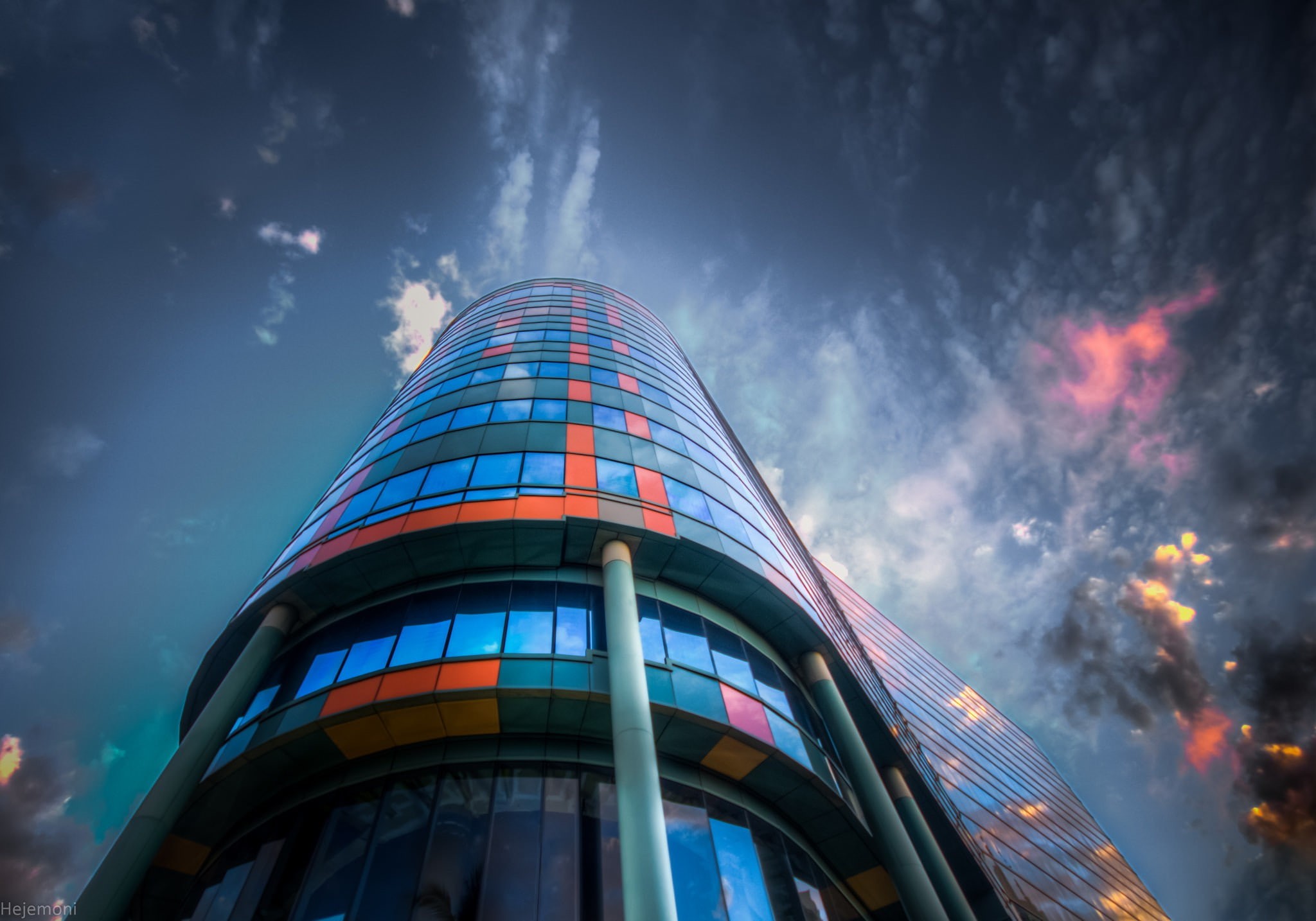 office building exterior, glass - material, clouds, building, city, built structure, cloud - sky, 1080P, skyscraper, modern, color correction, no people, HD Wallpaper