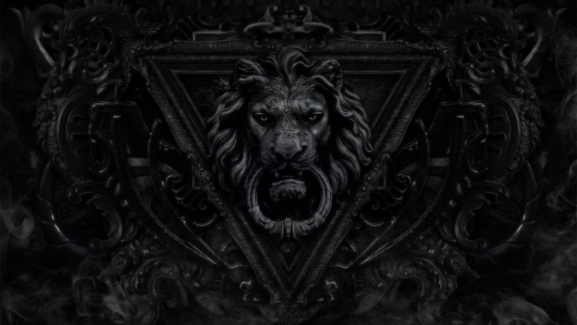 dark, monochrome, face, decorations, triangle, door, 1080P, lion, metal, digital art, Gothic, HD Wallpaper