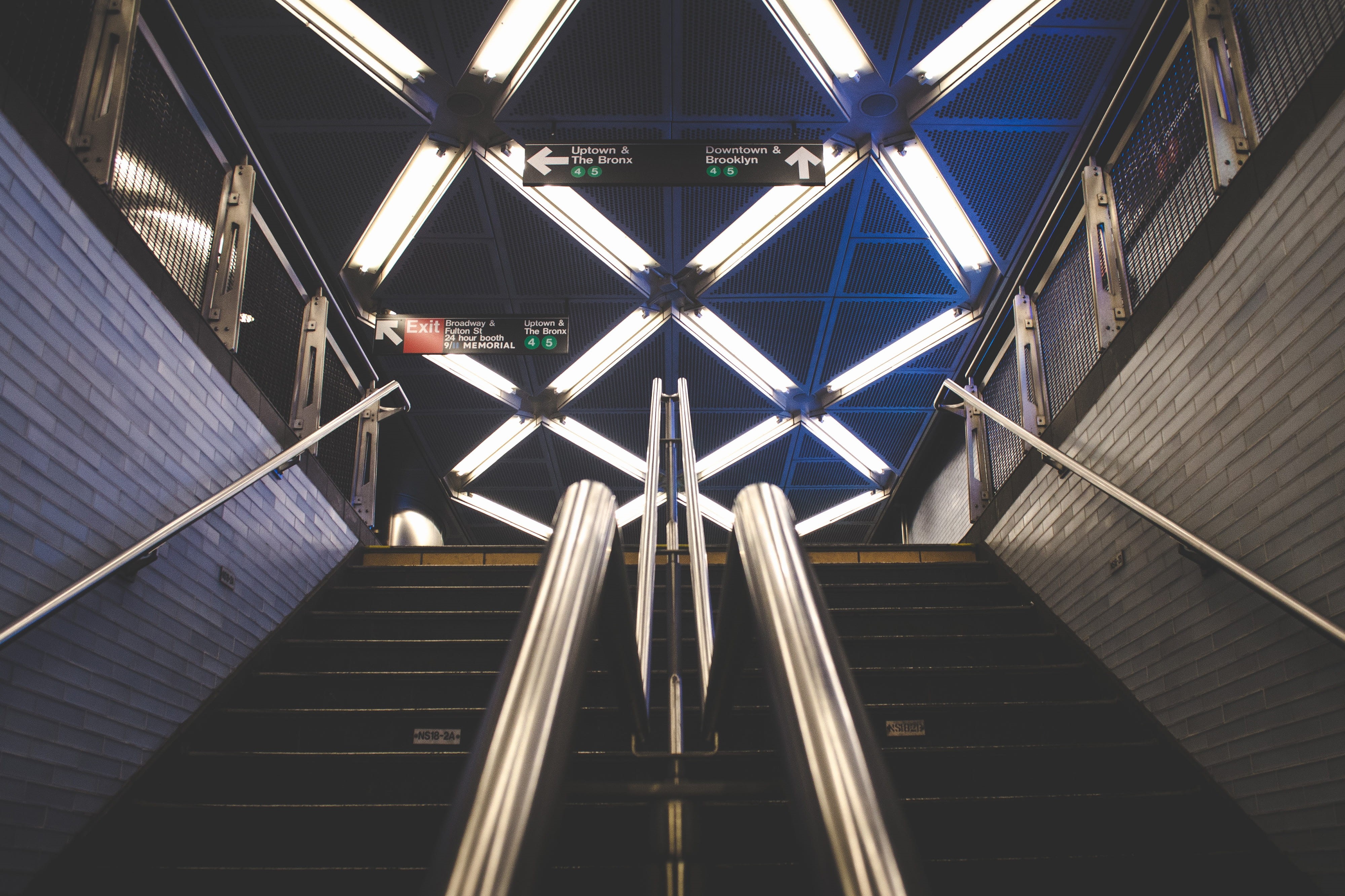 station, built Structure, transportation, illuminated, york, subway, modern, direction, urban, staircase, ceiling, 4K, day, nYC, metal, Stairs, indoors, HD Wallpaper