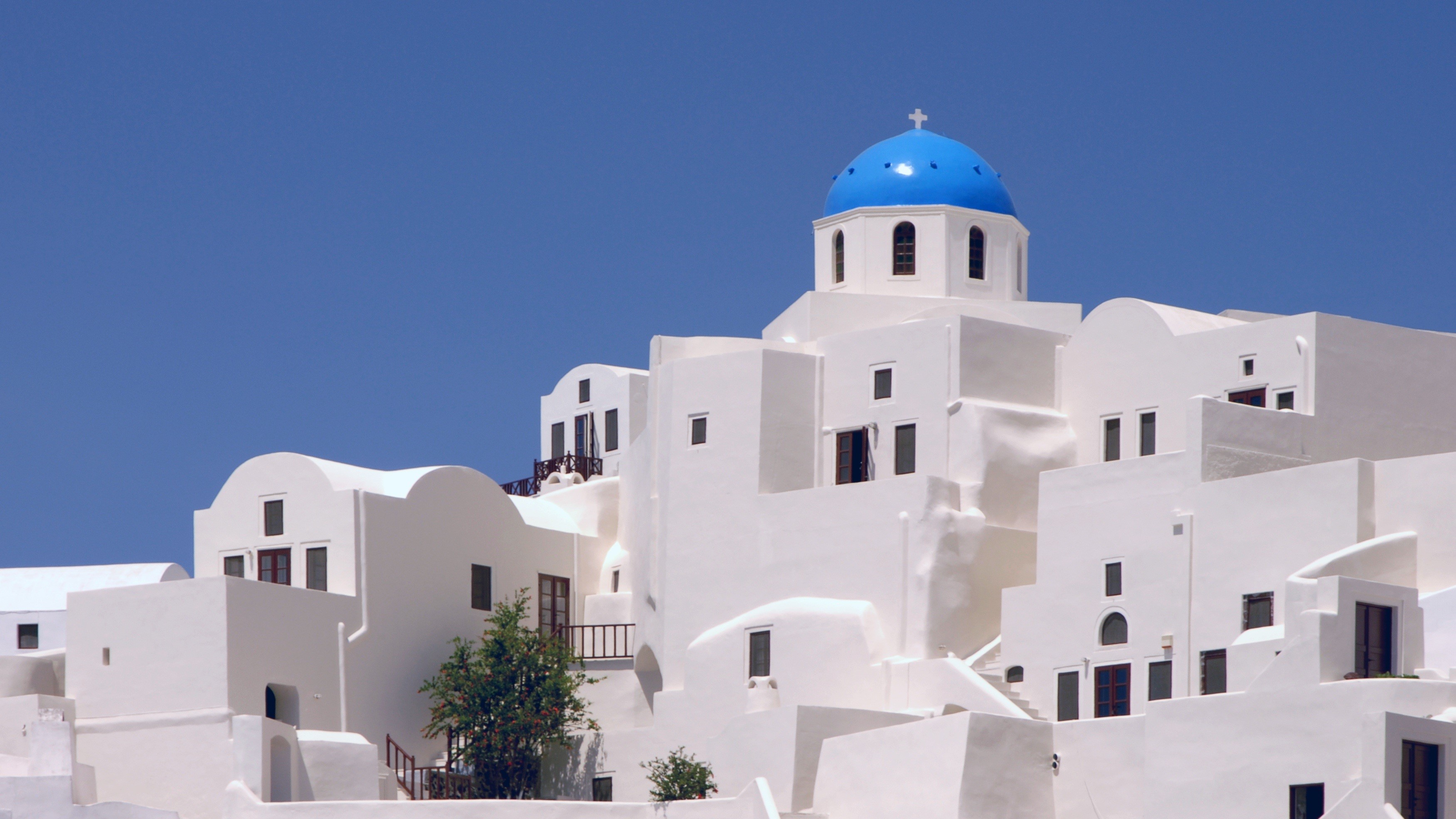 white color, building, oia, greek Islands, blue, firรก, architecture, caldera, dome, whitewashed, clear sky, religion, daytime, spirituality, cyclades, HD Wallpaper