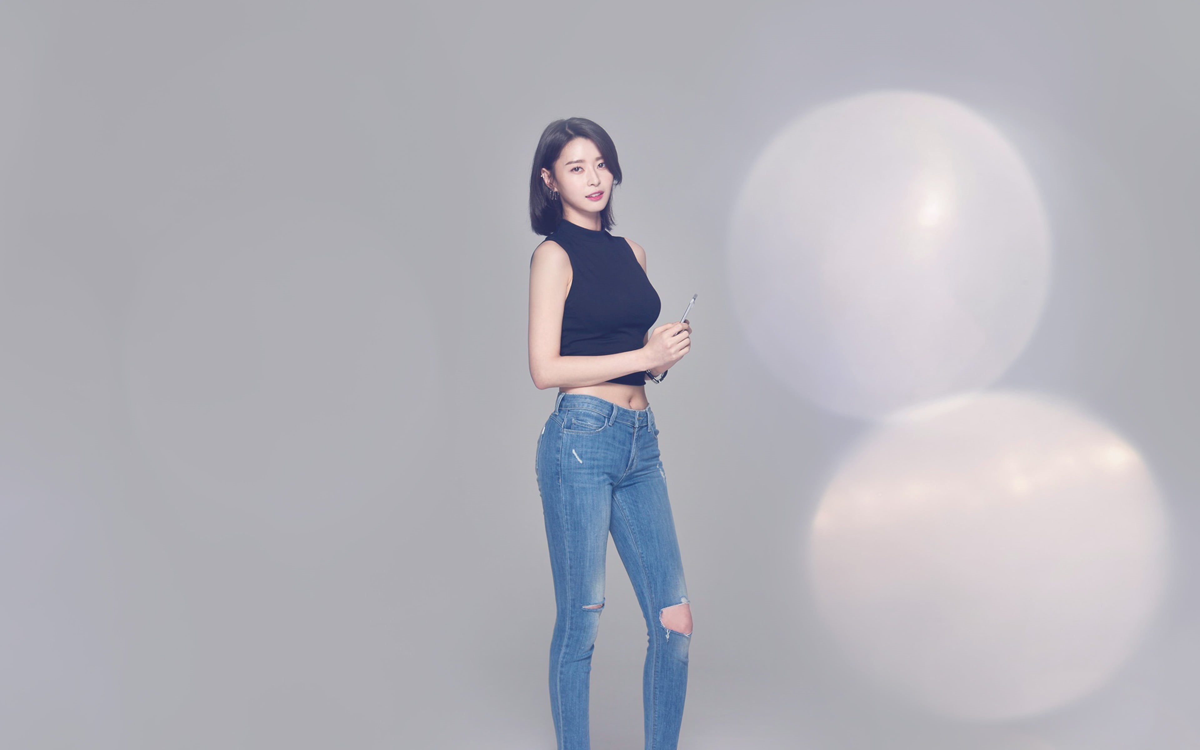 one person, girl, young adult, beautiful woman, balloon, hair, kpop, adult, indoors, women, jeans, holding, three quarter length, looking at camera, casual clothing, HD Wallpaper