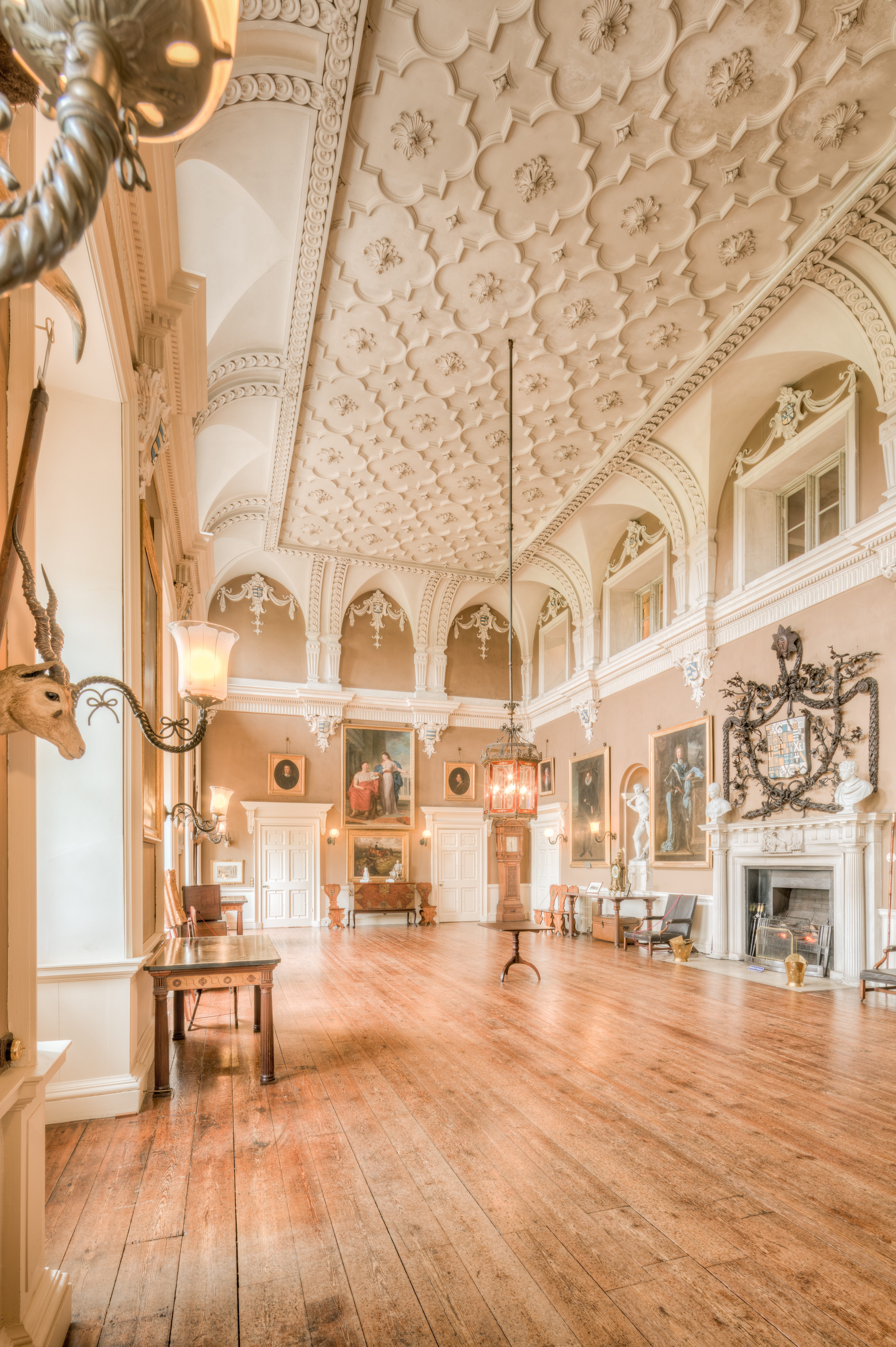 built structure, beautiful, burton constable hall, architecture, ornate, ceiling, pretty, old, inside, no people, interiors, table, mansion, luxury, place, Phone HD Wallpaper