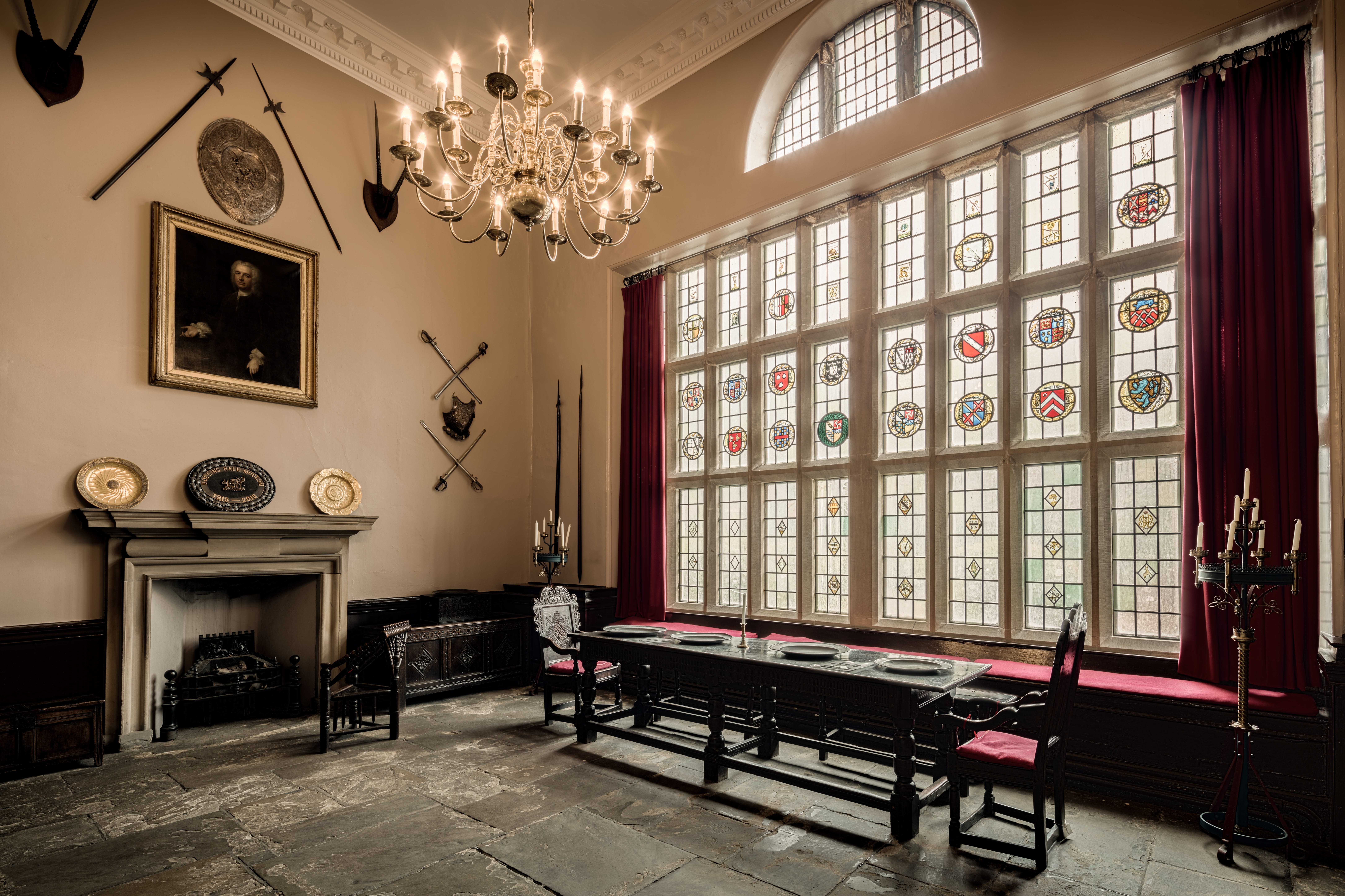 place, built structure, house body, dining room, fireplace, electric lamp, mansion, illuminated, hall, architecture, seat, room, interior, table, historical, HD Wallpaper