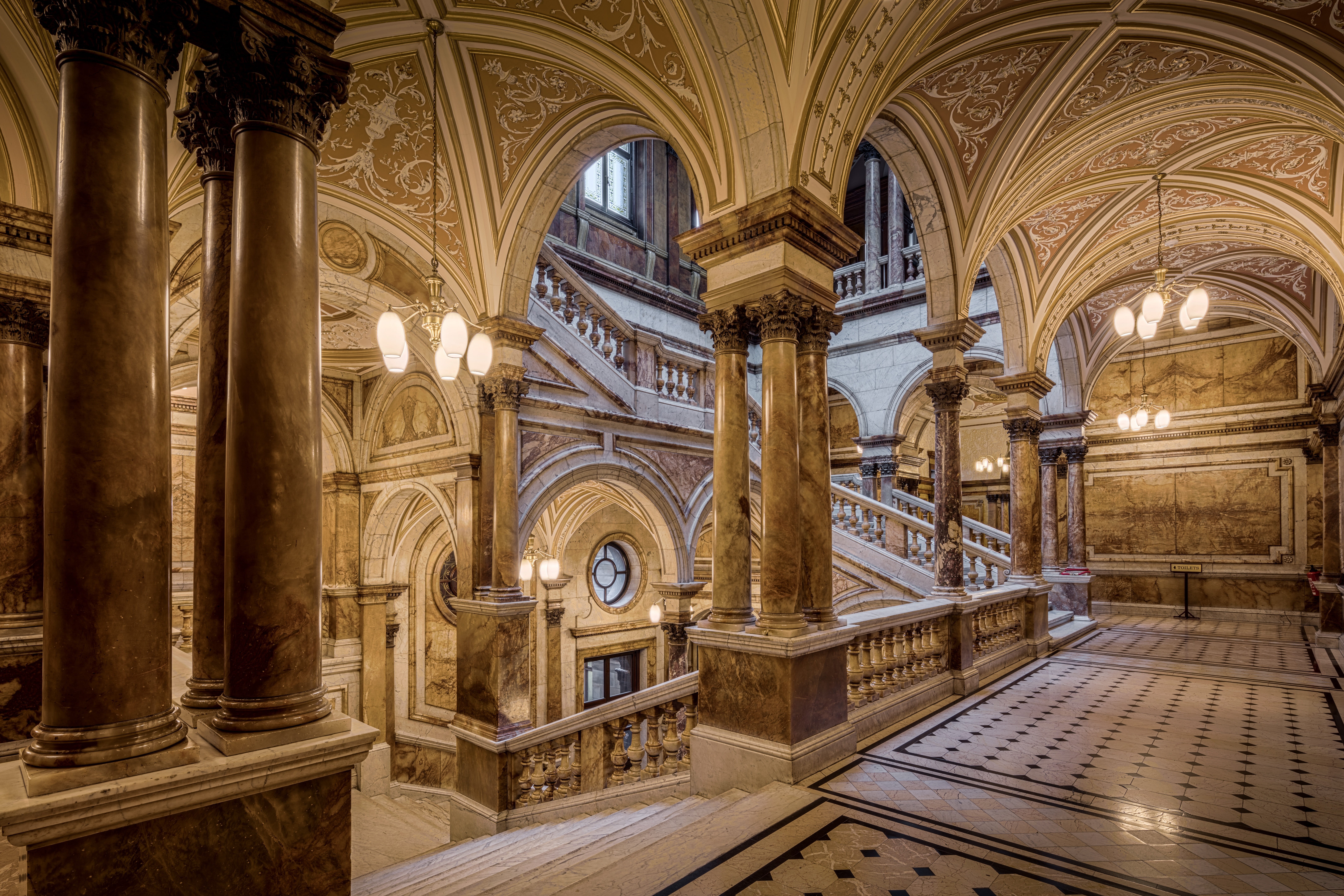 interior, arch, interiors, 8K, travel destinations, old, stairs, scottish, chambers, european, abbey, historical, glasgow city chambers, indoors, history, HD Wallpaper