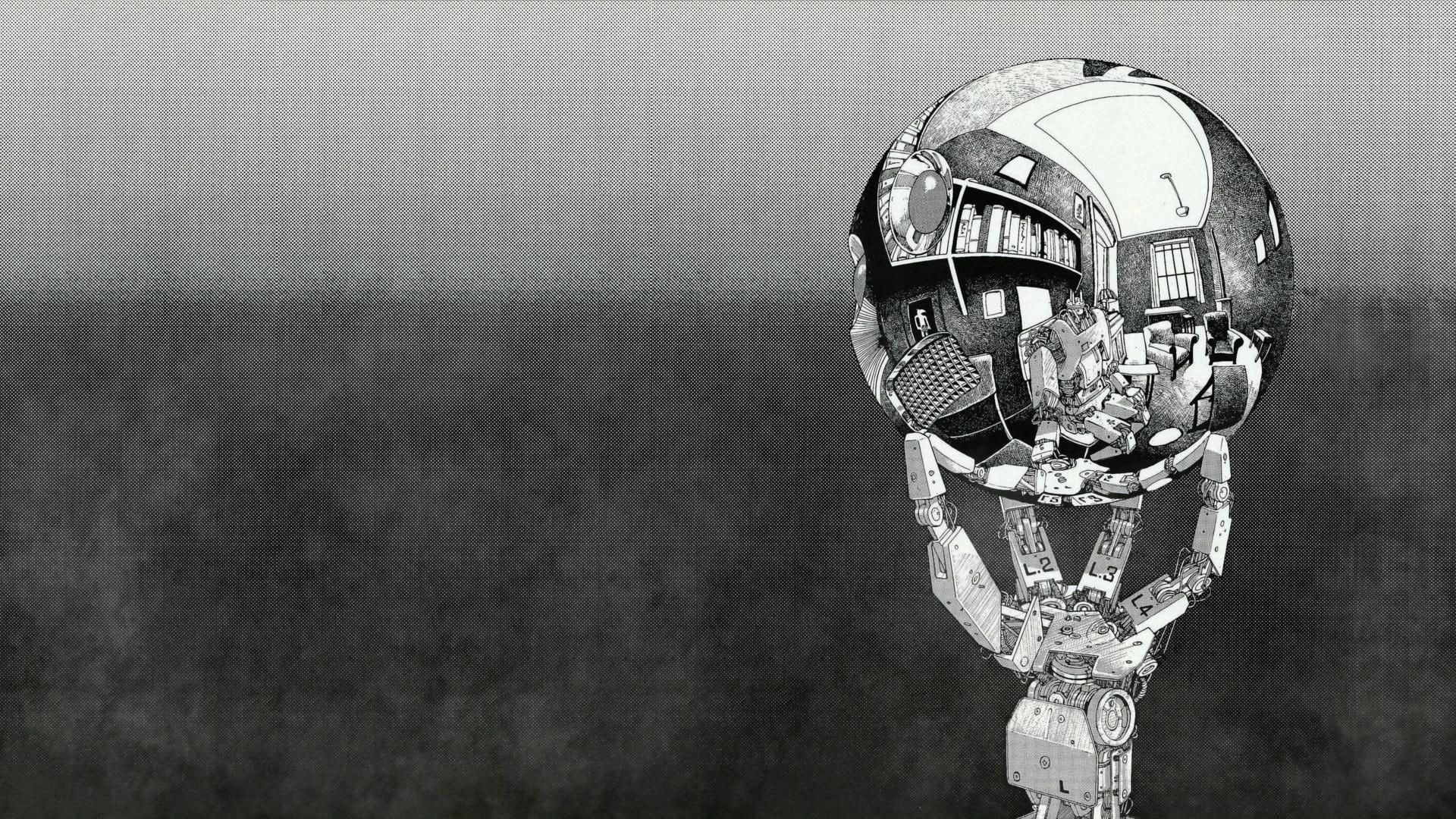 M. C. Escher, reflection, monochrome, 1080P, robot, sphere, HD Wallpaper