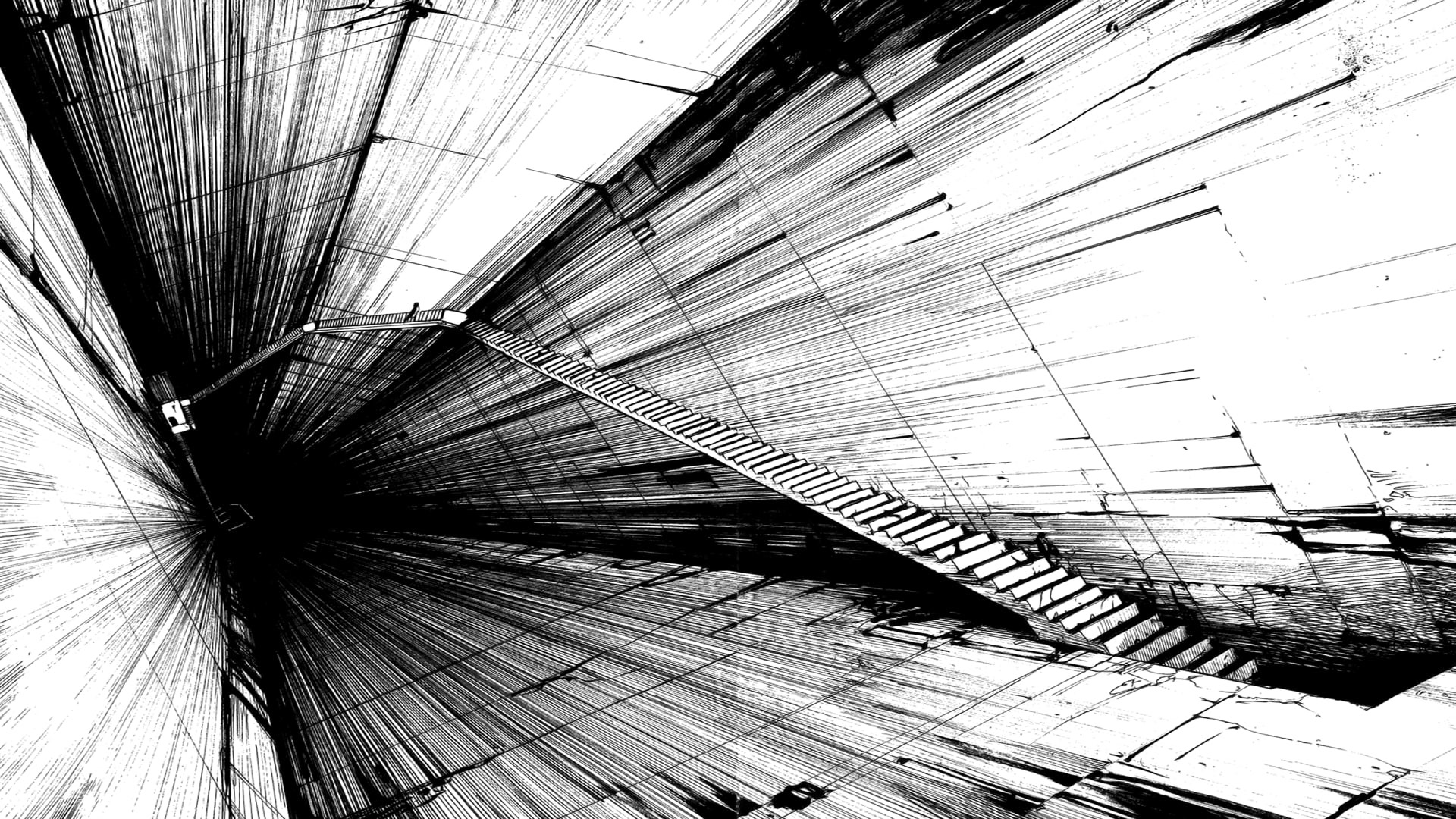 stairs, abstract, artwork, Tsutomu Nihei, monochrome, heights, 1080P, HD Wallpaper