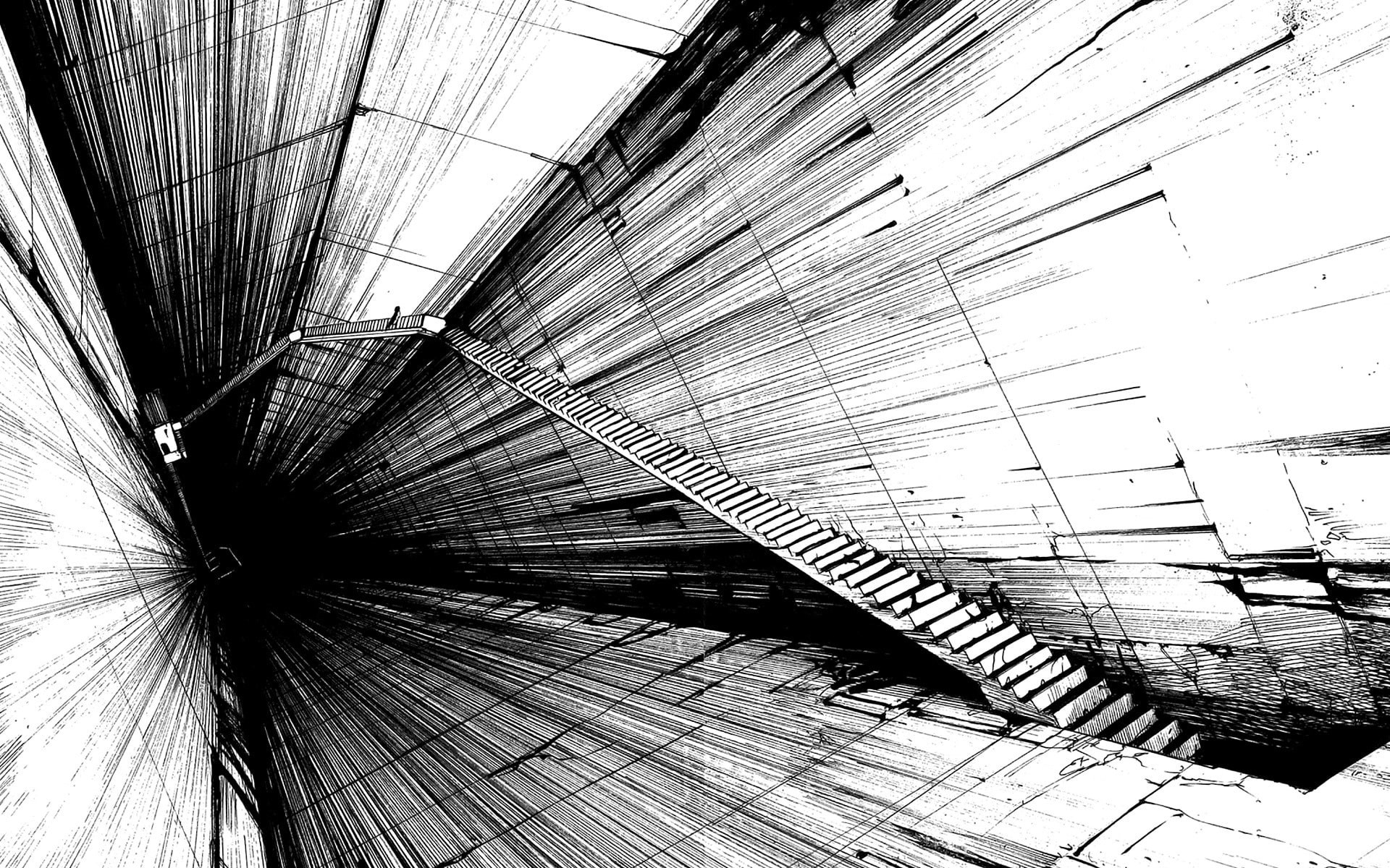 stairs, manga, Tsutomu Nihei, 1080P, monochrome, HD Wallpaper
