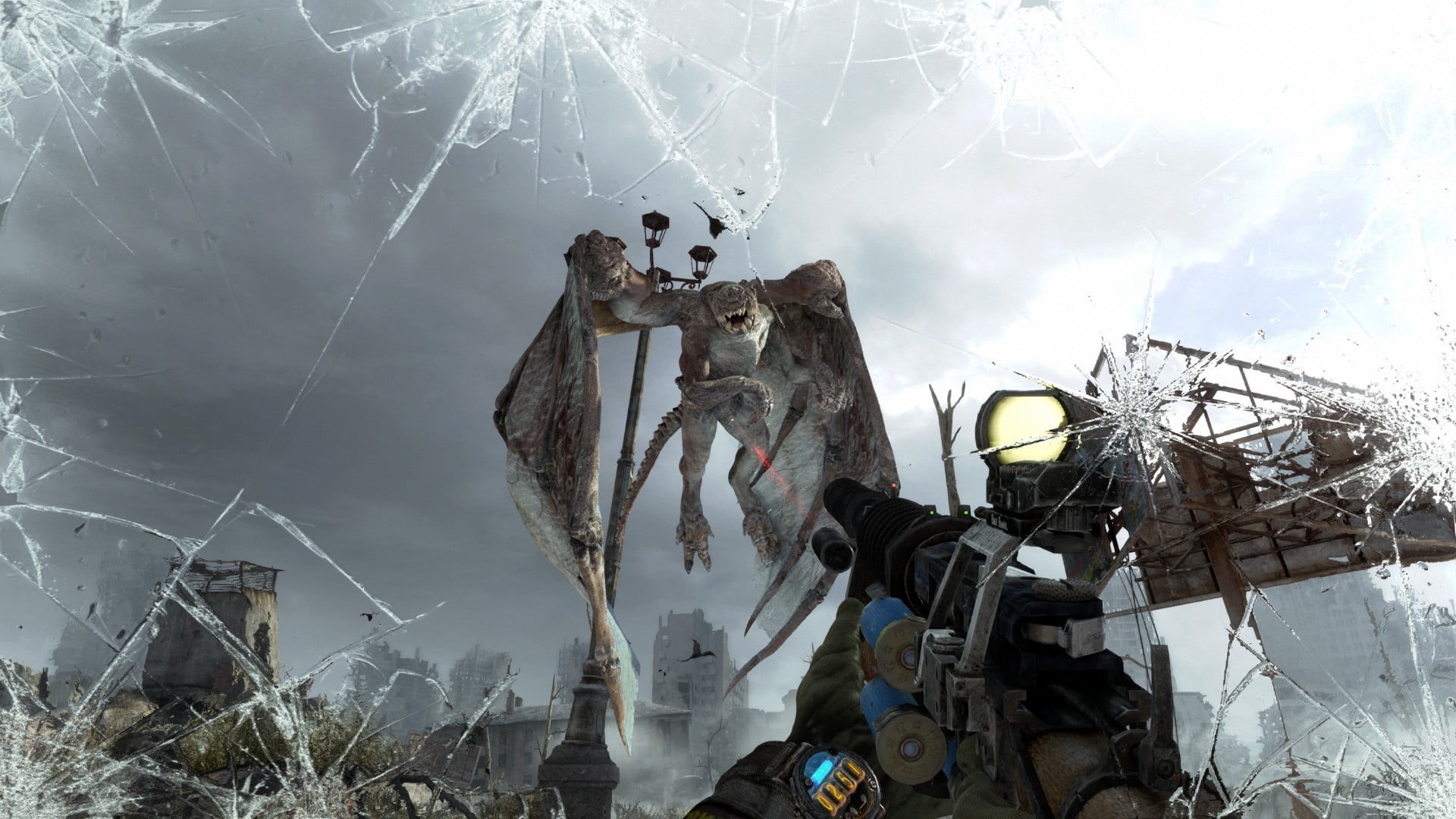 sky, shooter, snow, destruction, low angle view, no people, tree, abandoned, architecture, Metro: Last Light, damaged, outdoors, creature, video games, HD Wallpaper