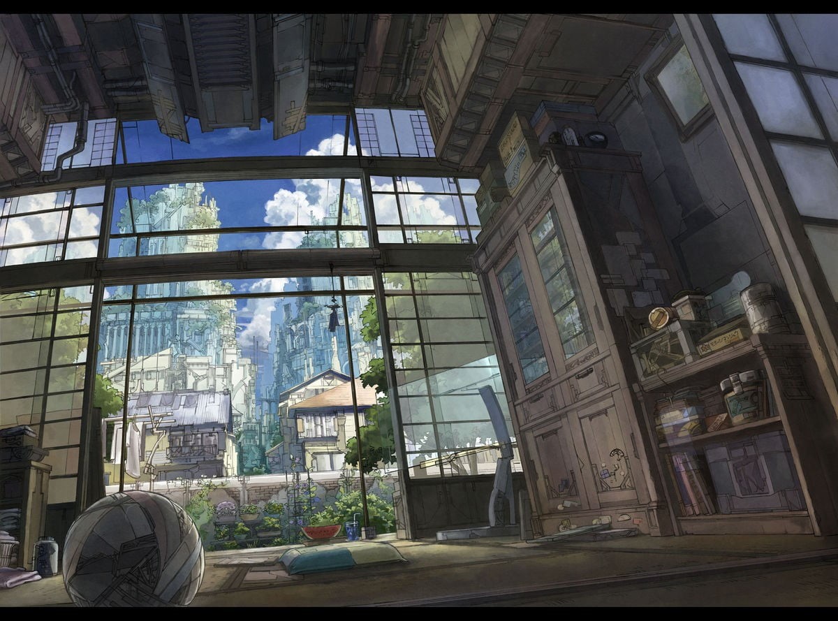low angle view, sunlight, interior, house, building exterior, brown, built structure, real people, anime, outdoors, wooden, architecture, glass, transparent, HD Wallpaper