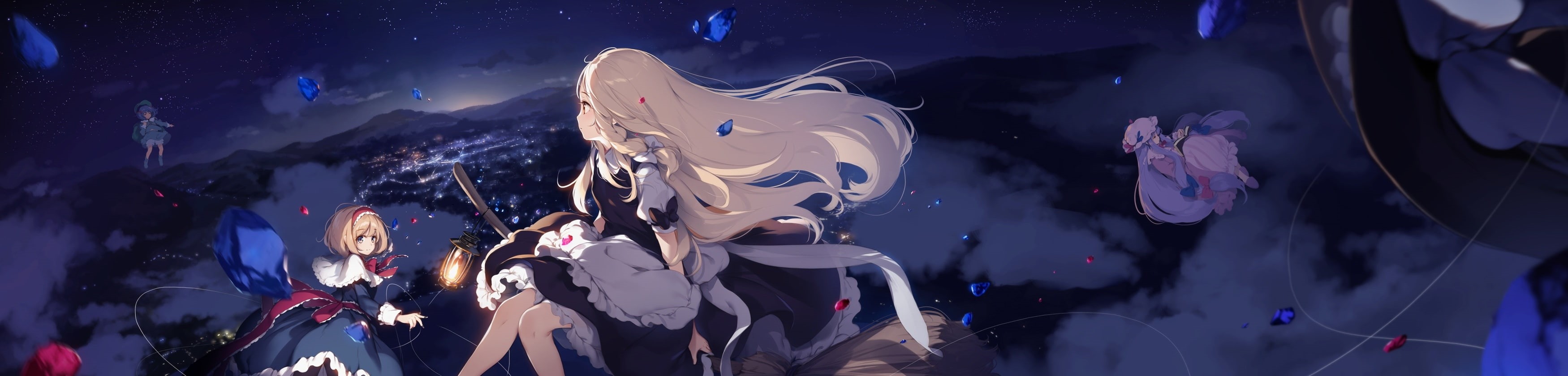people, arts culture and entertainment, alice margatroid, Anime, positive emotion, illuminated, panoramic, event, kirisame marisa, touhou, crowd, sky, fun, HD Wallpaper
