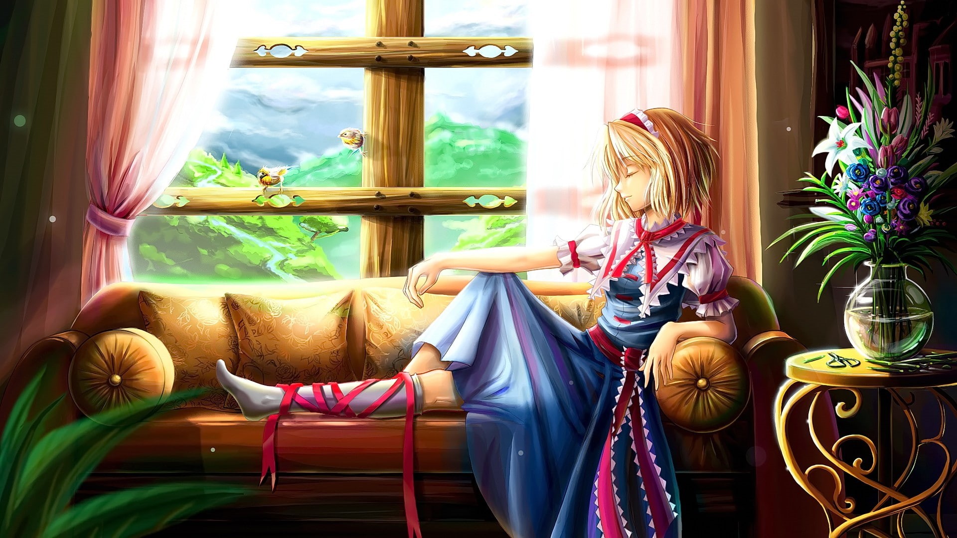 Alice Margatroid, closed eyes, short hair, anime, blonde, anime girls, 1080P, Touhou, HD Wallpaper