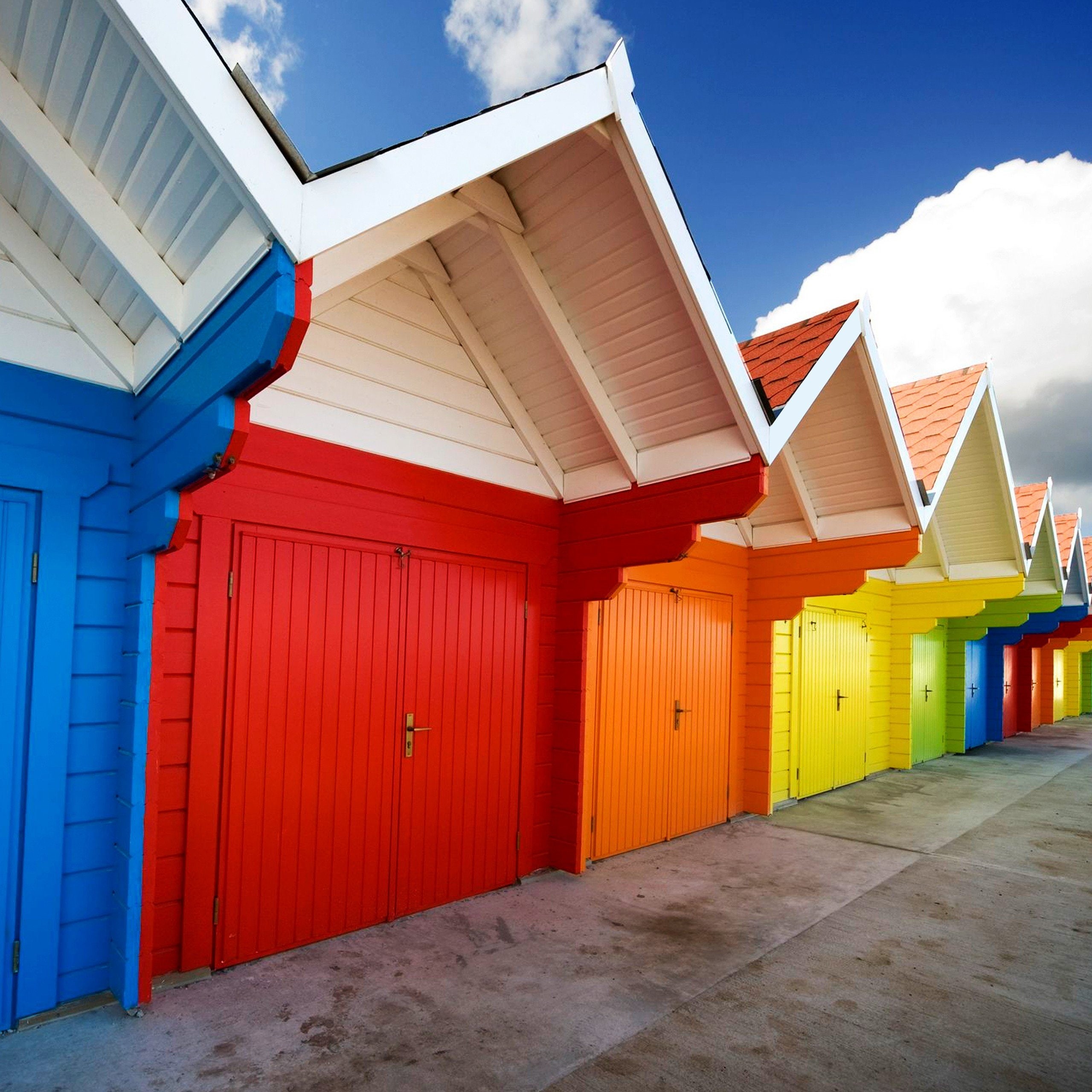 row house, in a row, architecture, outdoors, day, multi colored, door, hut, garage, nature, no people, 2K, house, building exterior, built structure, cloud - sky, Phone HD Wallpaper