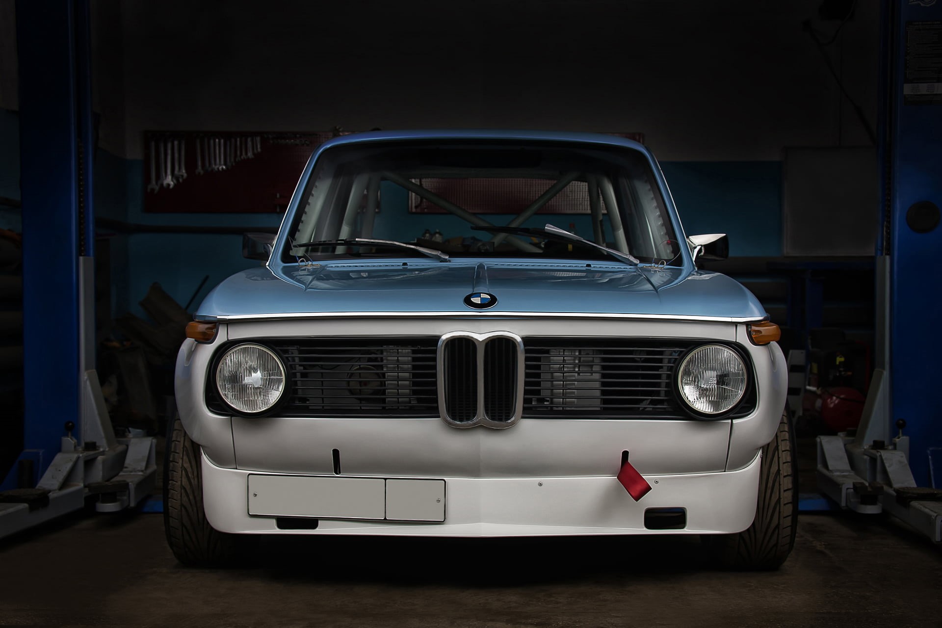 1080P, blue, white, tuning, headlight, custom, serial, engine, 170 HP, workshop., vintage car, compact, day, truck, Raceway, turbocharged, retro styled, HD Wallpaper