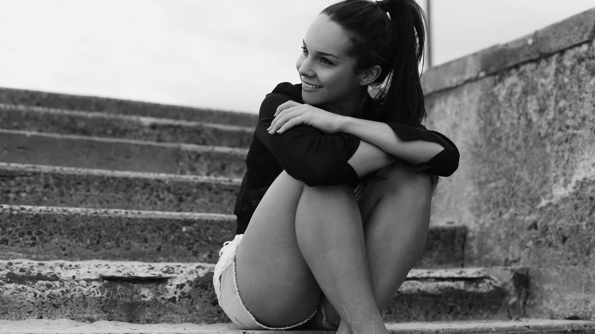 looking, lifestyles, hairstyle, staircase, one person, architecture, 1080P, leisure activity, young women, steps and staircases, sitting, outdoors, wall - building feature, HD Wallpaper
