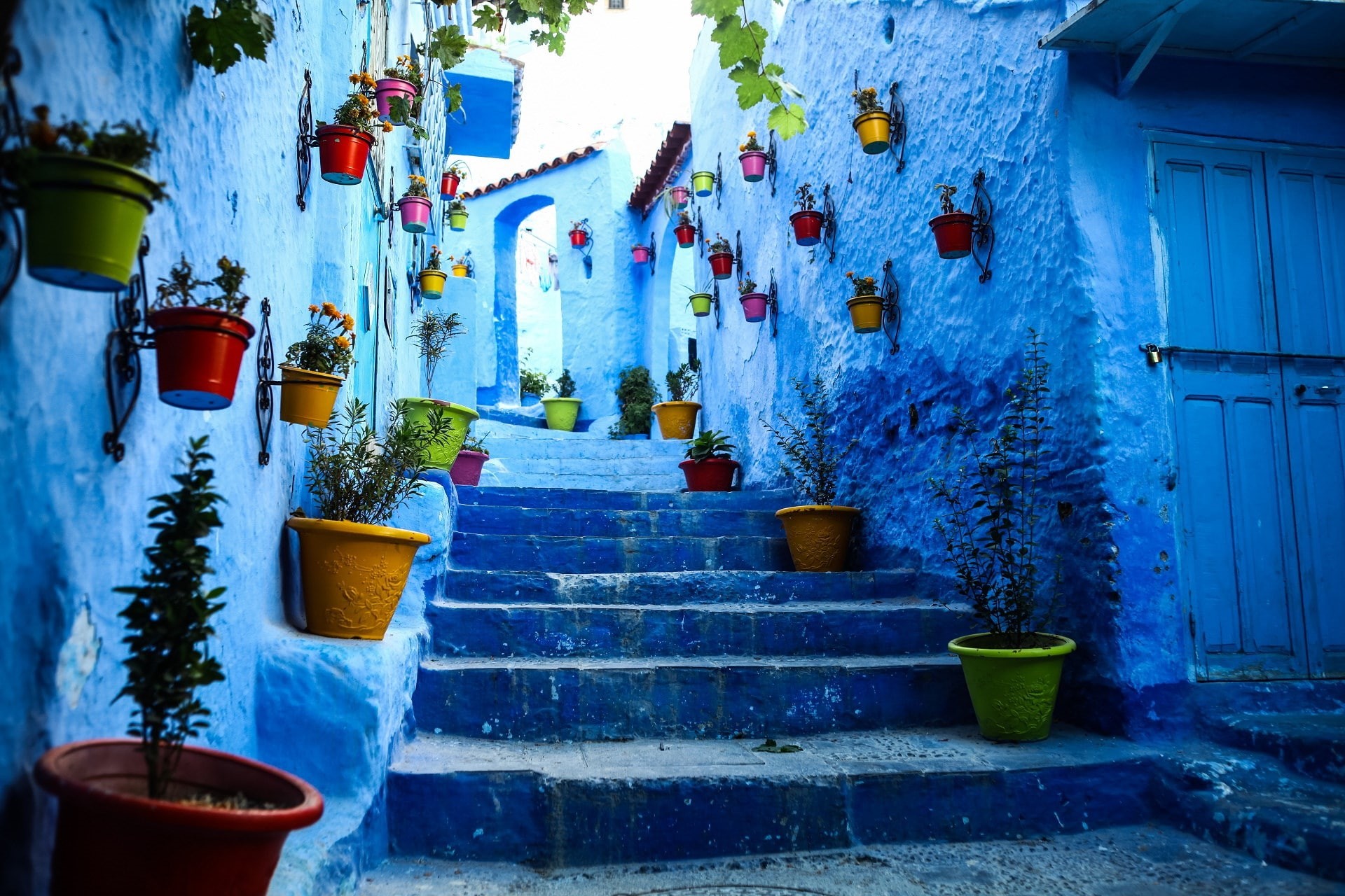 staircase, chefchaouen, house, flower pot, architecture, hanging, residential district, blue, outdoors, alley, steps and staircases, plant, day, no people, HD Wallpaper