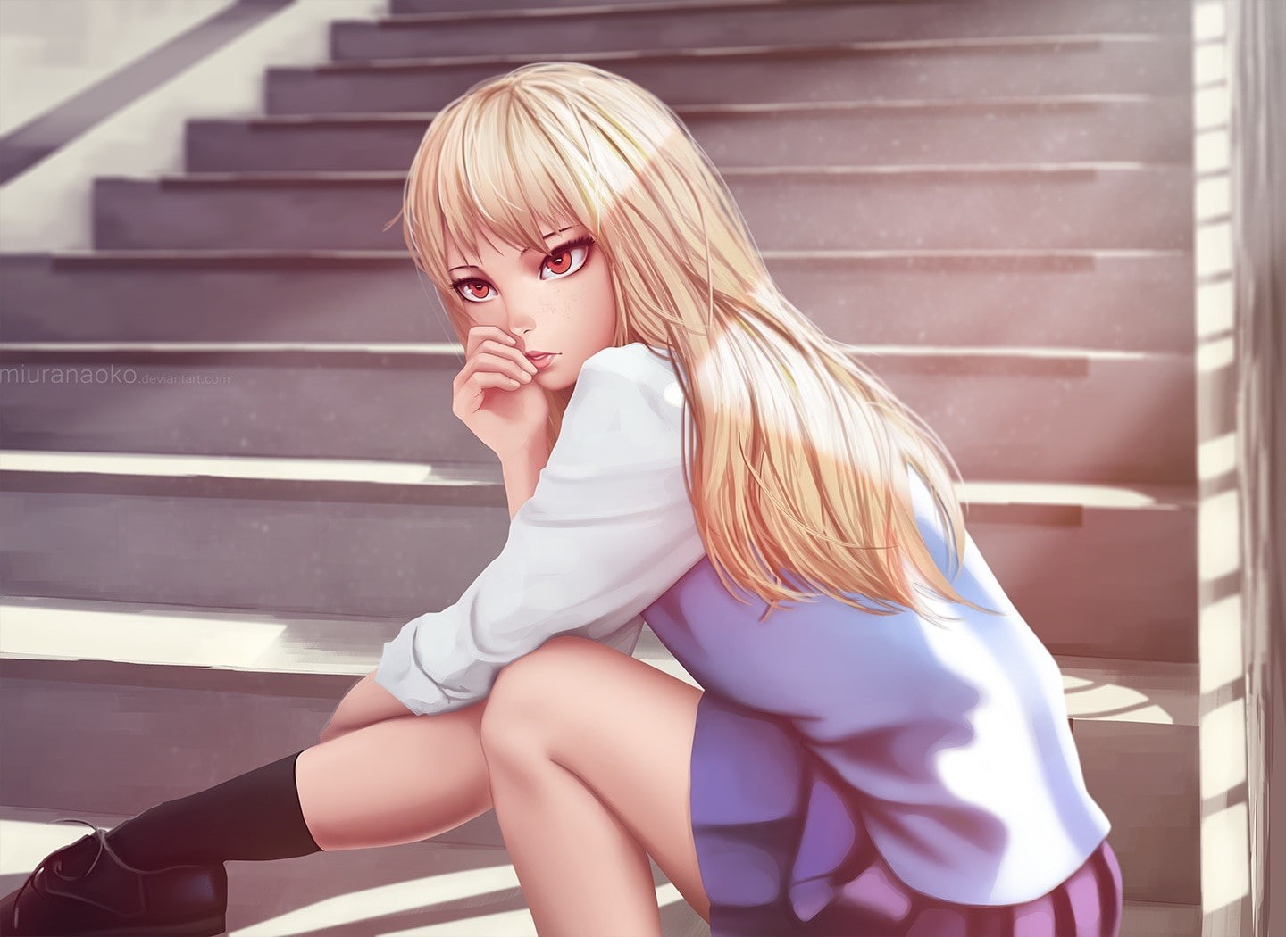 hairstyle, beautiful woman, architecture, skirt, outdoors, real people, one person, staircase, Shiina Mashiro, leisure activity, young adult, contemplation, HD Wallpaper