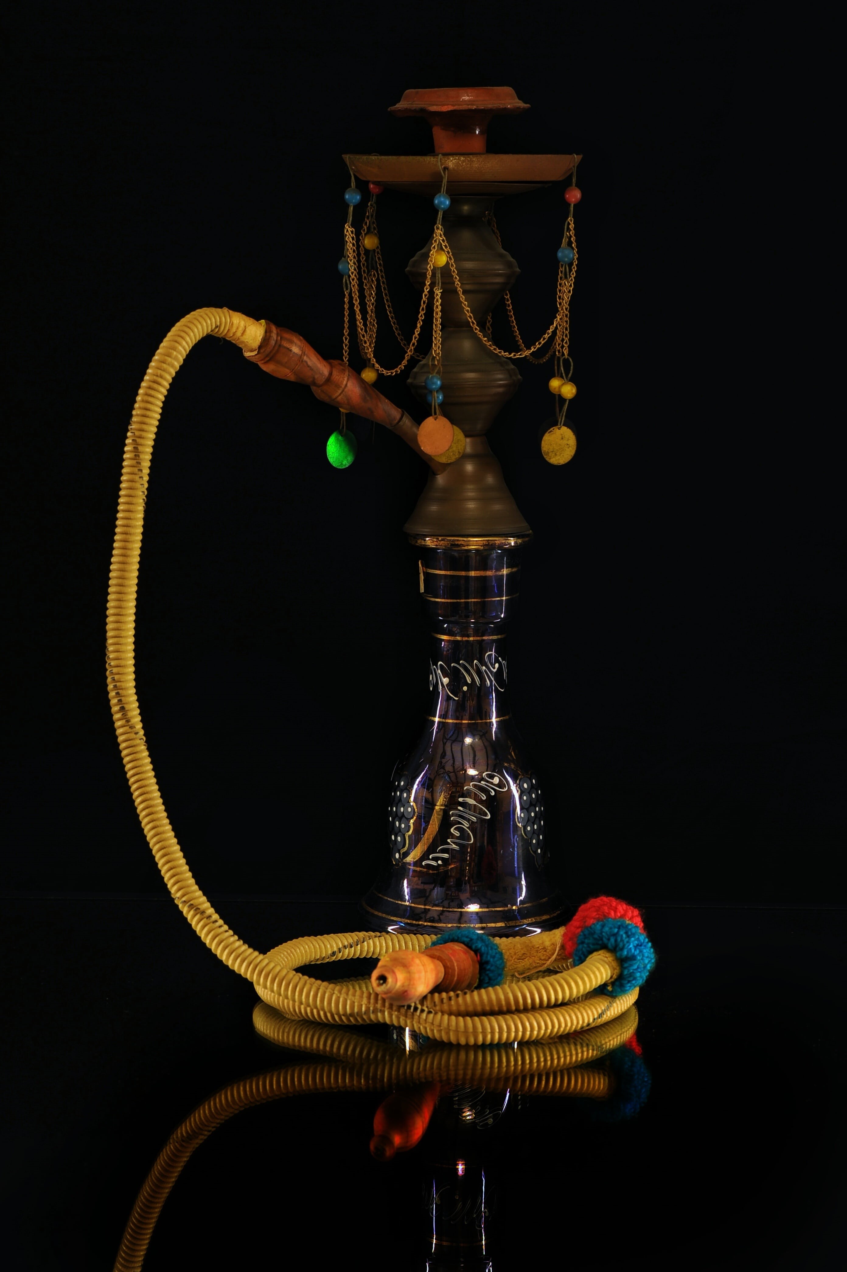 water, oil lamp, hookah, turkey, black background, no people, reflection, light, color, studio shot, glass - material, smoke, container, electric lamp, Phone HD Wallpaper