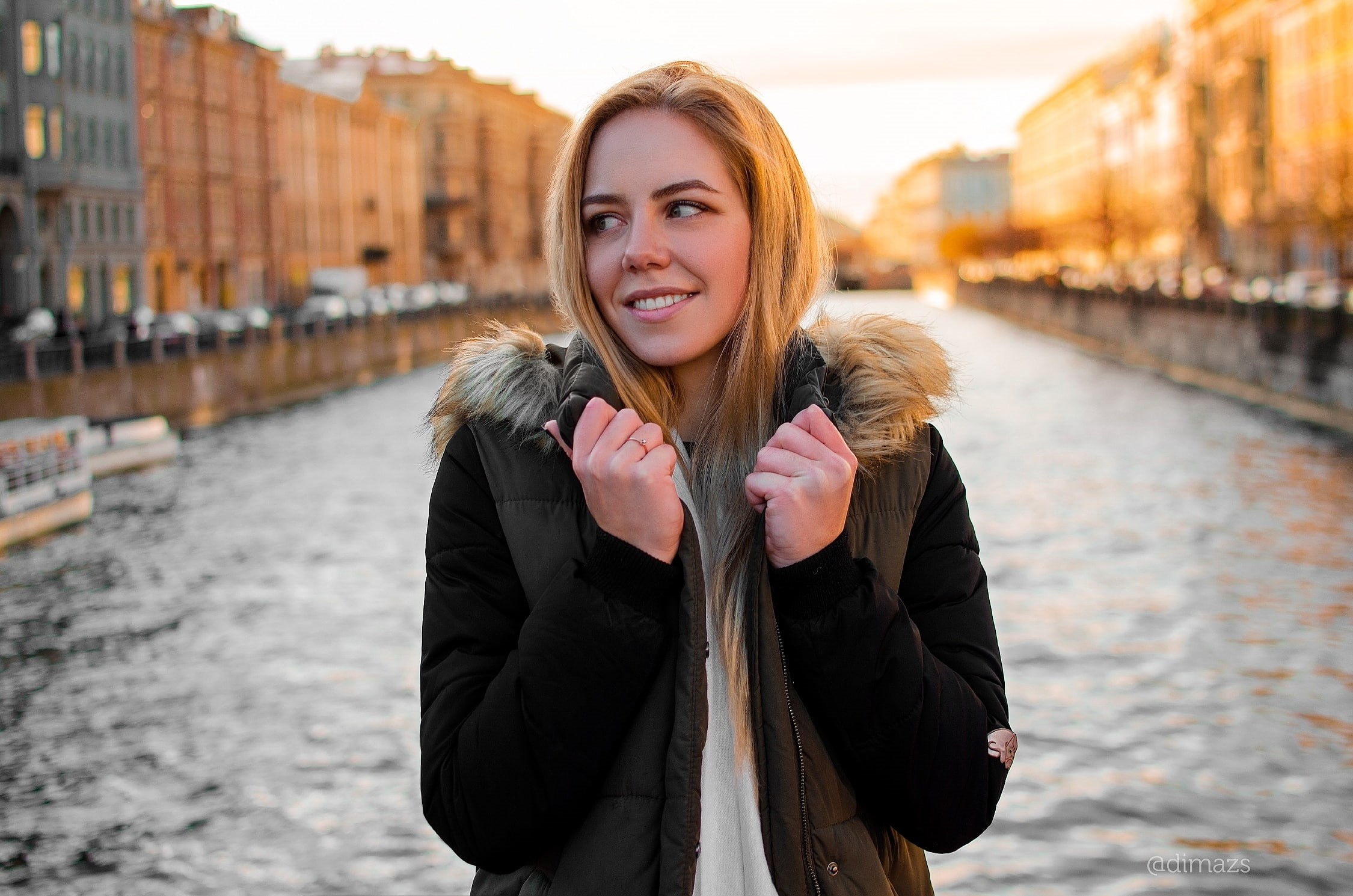 looking away, open jacket, smiling, model, jacket, women outdoors, women, 1080P, Dim Khokhlov, urban, HD Wallpaper