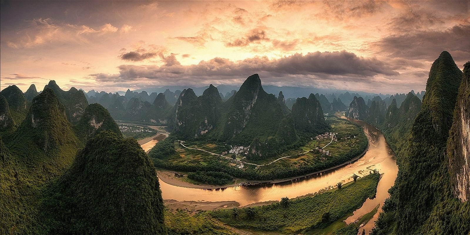 scenics - nature, China, 720P, sunset, clouds, field, nature, travel, tree, cloud - sky, environment, fog, no people, sun, landscape, town, forest, hills, HD Wallpaper
