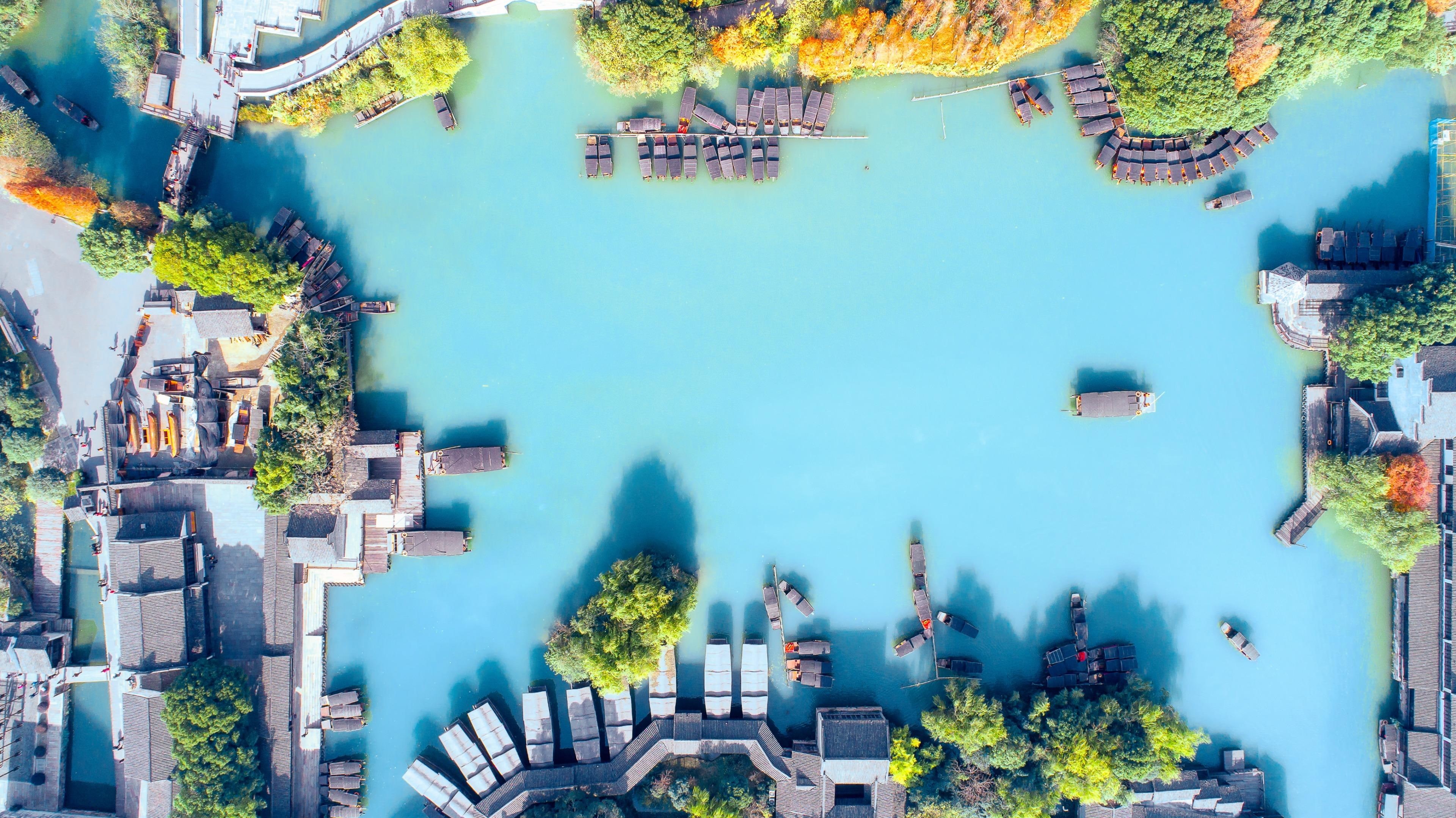 aerial photography, wuzhen, china, zhejiang, town, canal, 4K, asia, wuzhen water town, water town, aerial view, ancient city, tongxiang, HD Wallpaper