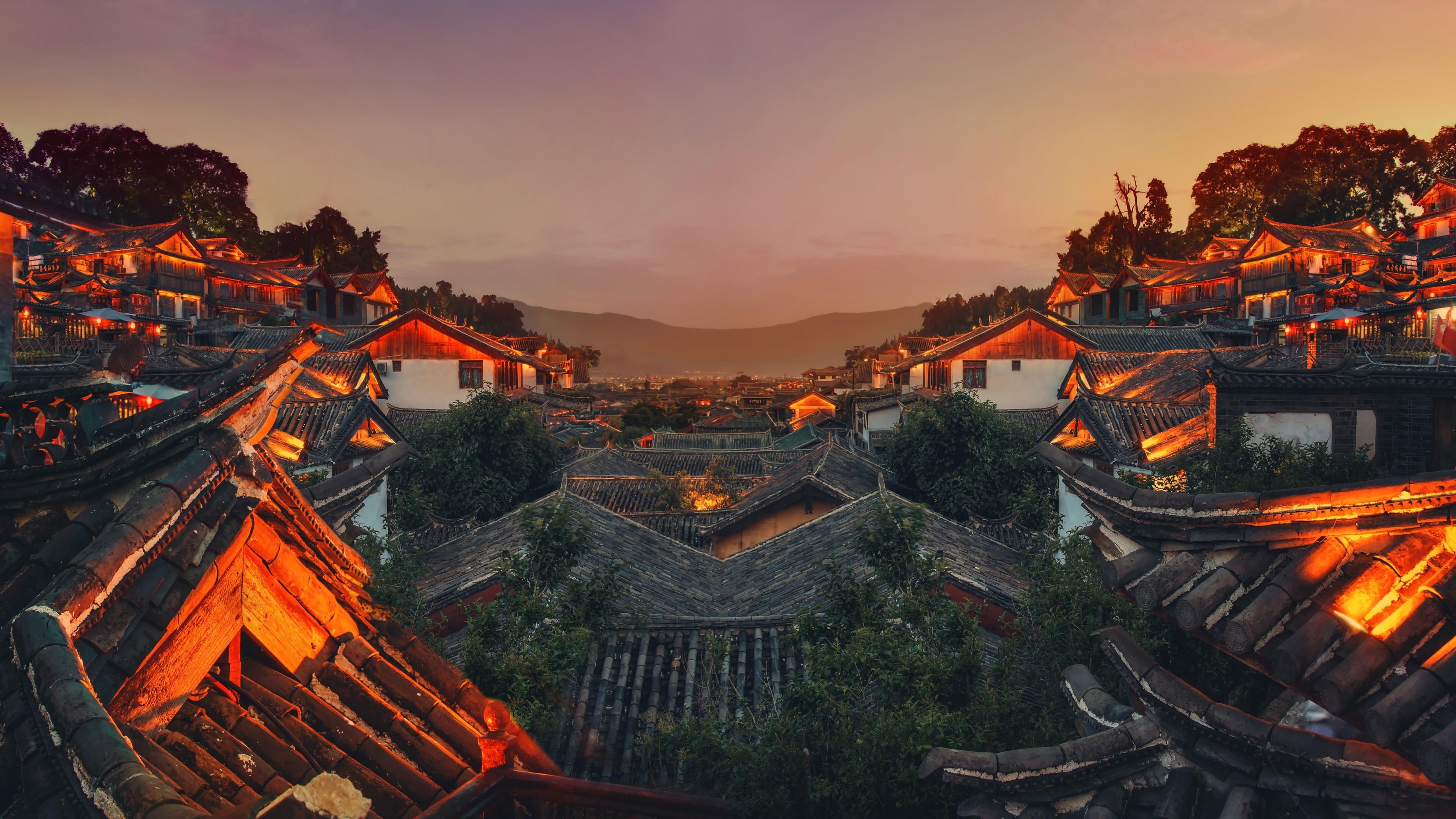 built structure, 4K, religion, town, architecture, houses, high angle view, shrine, building exterior, roofs, place of worship, asia, cityscape, sky, tourism, HD Wallpaper