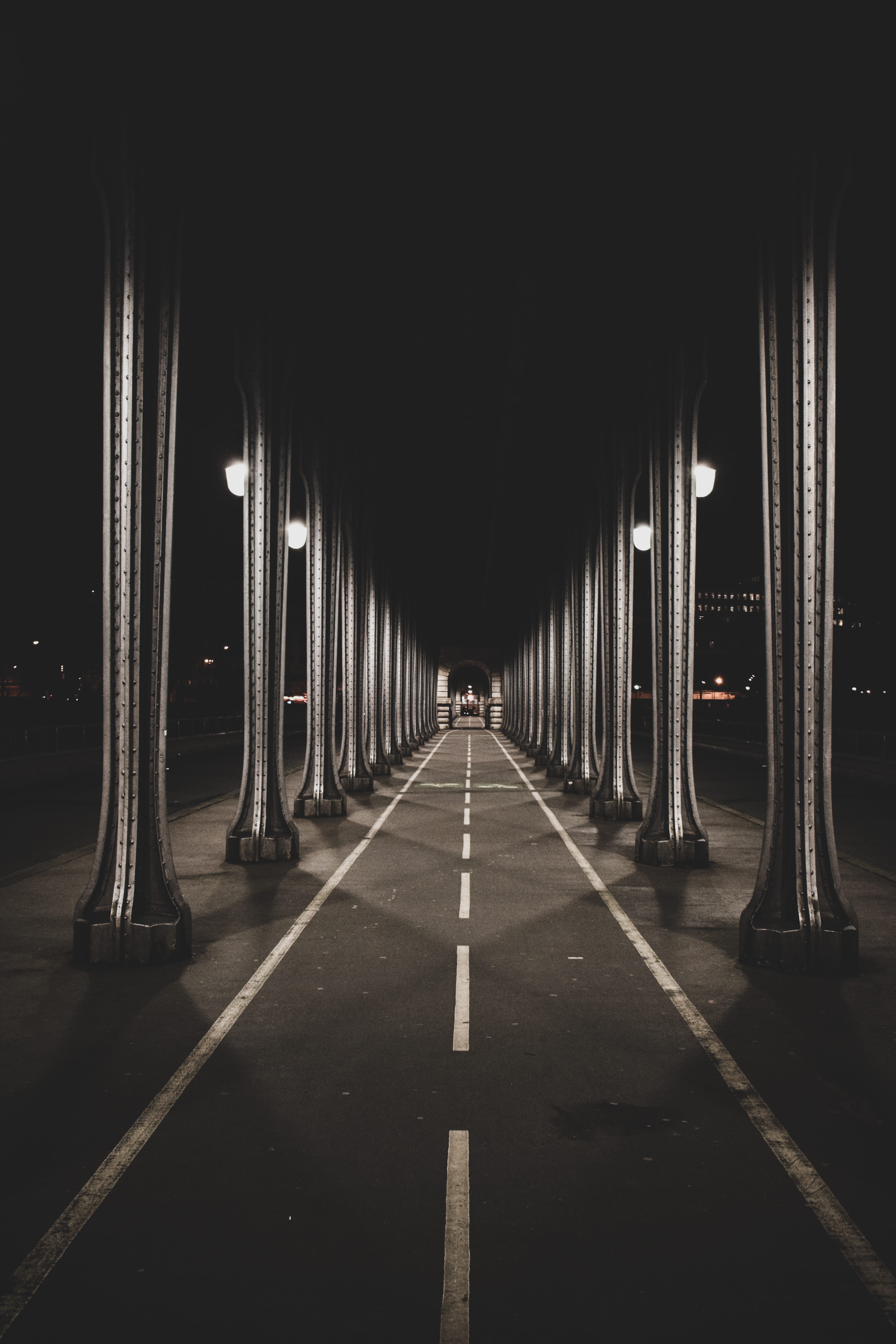 direction, architecture, gray, empty, road marking, leading line, column, 5K, illuminated, light, connection, bridge, vanishing point, city, urban, asphalt, Phone HD Wallpaper