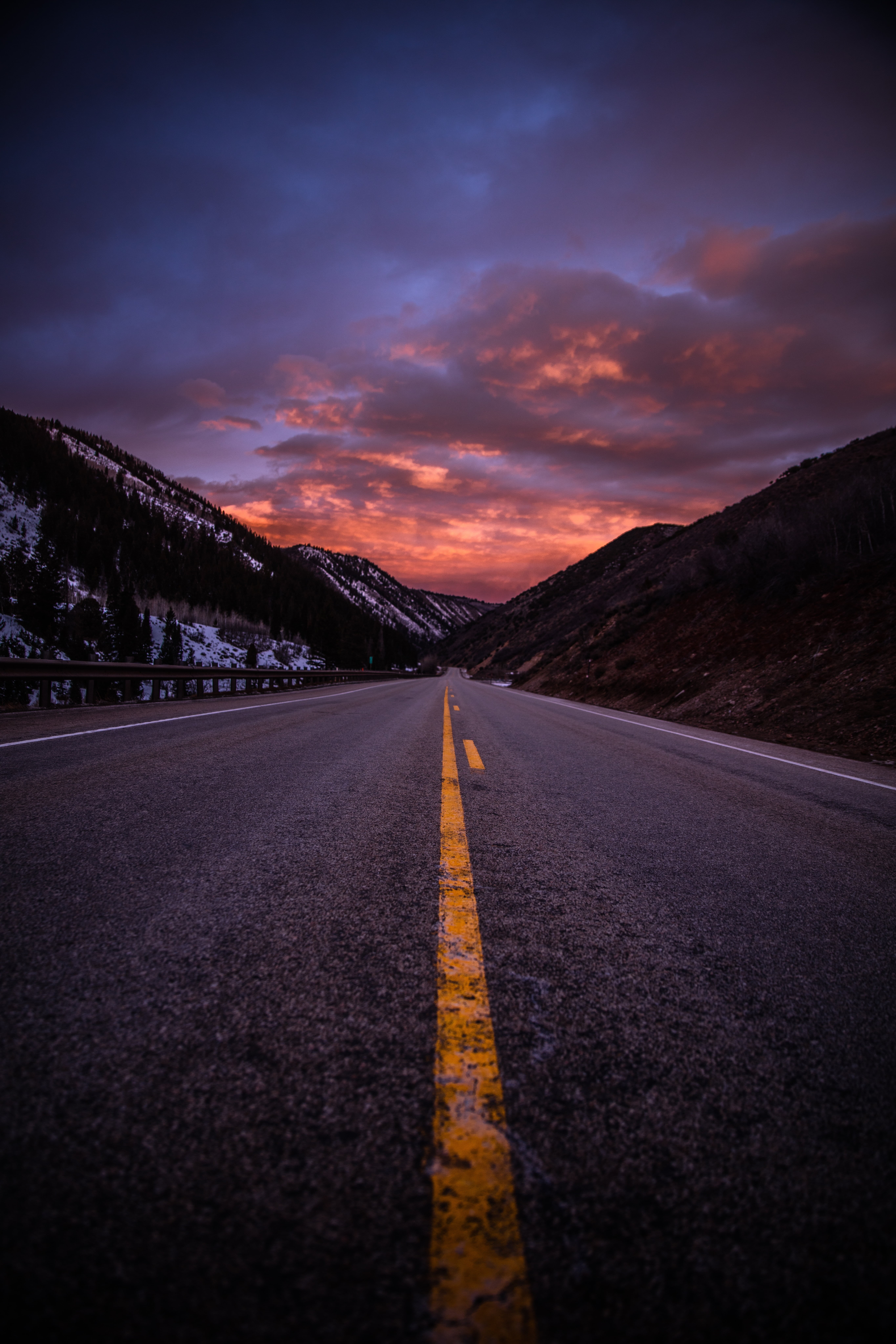nature, evening, direction, travel, surface level, road marking, yellow, road Trip, journey, rural Scene, forest, speed, cloudscape, sign, sunset, hour, Phone HD Wallpaper