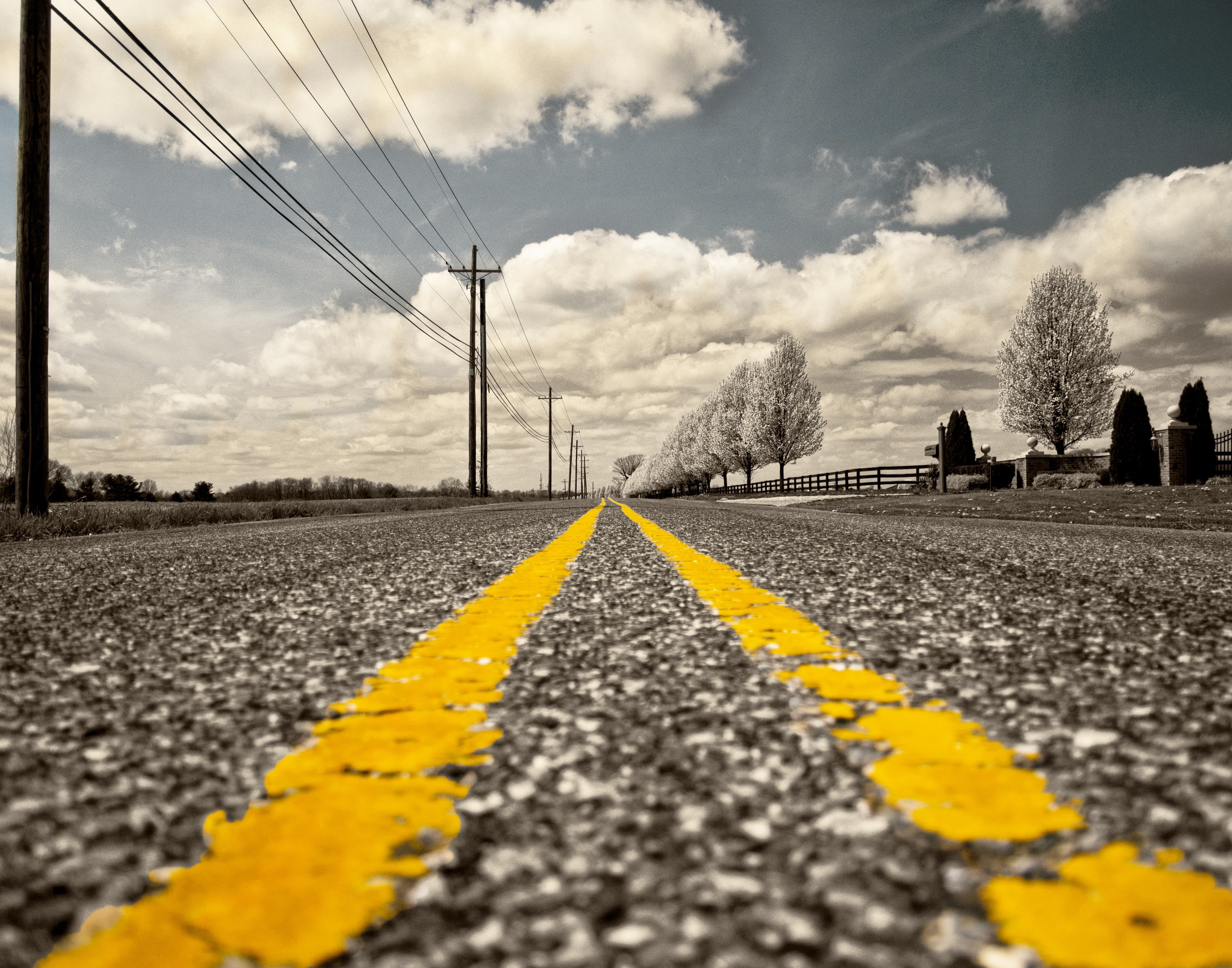 direction, electricity, transmission line, the way forward, photo, road marking, no people, marking, outdoors, horizon, asphalt, sky, double yellow line, HD Wallpaper