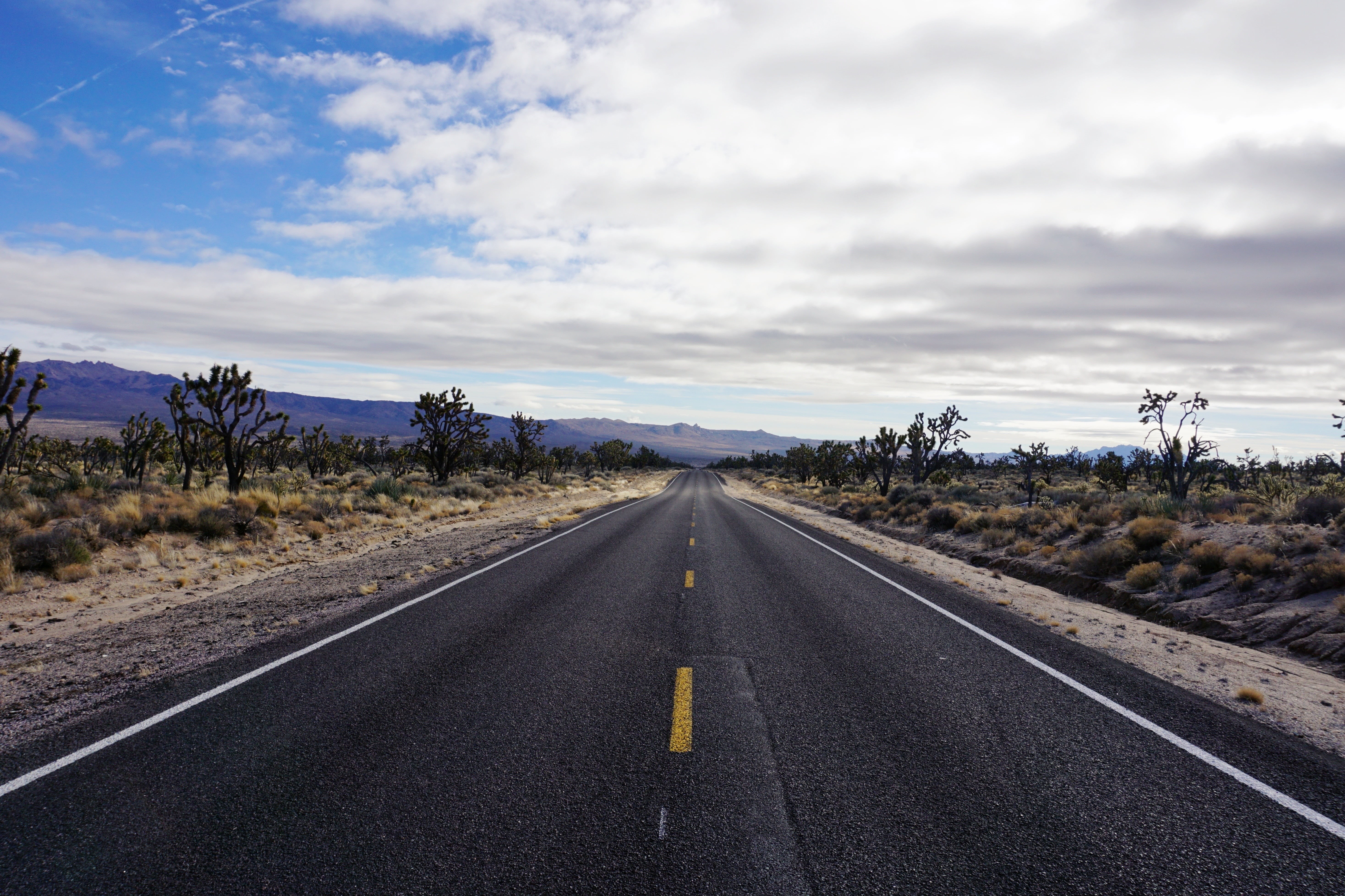 dividing Line, road marking, direction, desert, mountain, marking, asphalt, road Trip, blue, outdoors, 5K, sign, uSA, cloud - Sky, landscape, california, HD Wallpaper