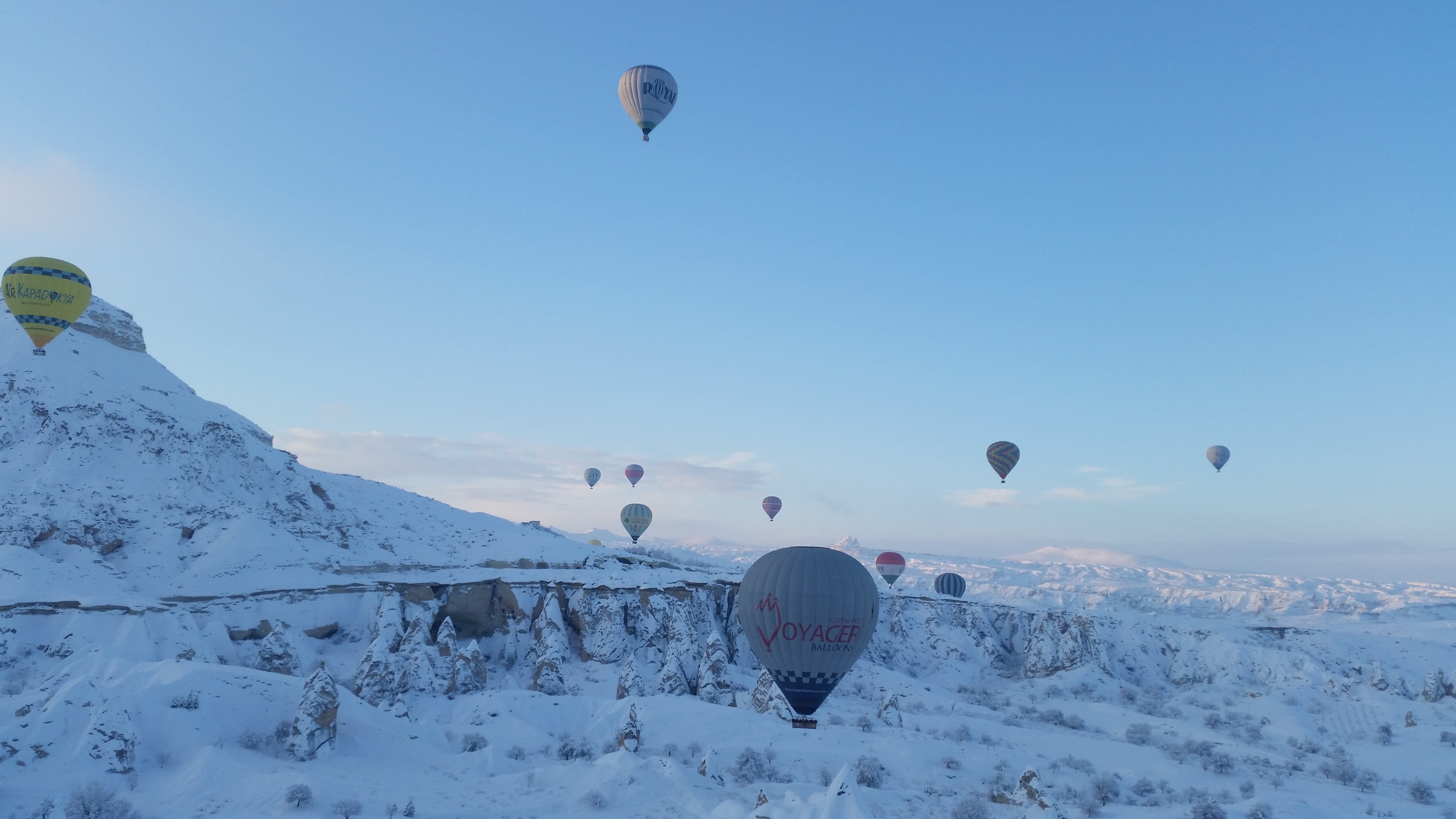 turkey - Middle East, hotair balloon flight, air vehicle, sport, snowcapped mountain, transportation, snow, flying, nevsehir, outdoors, adventure, goreme, HD Wallpaper