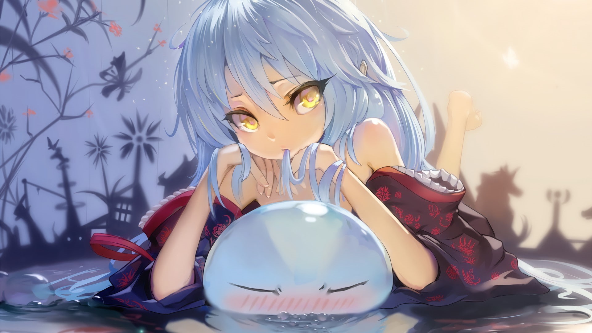 japanese, lying, yellow eyes, aqua, clothes, yellow, lying down, 1080P, long hair, shitara, tensei, rimuru, ken, open, open clothes, kimono, artwork, eyes, HD Wallpaper