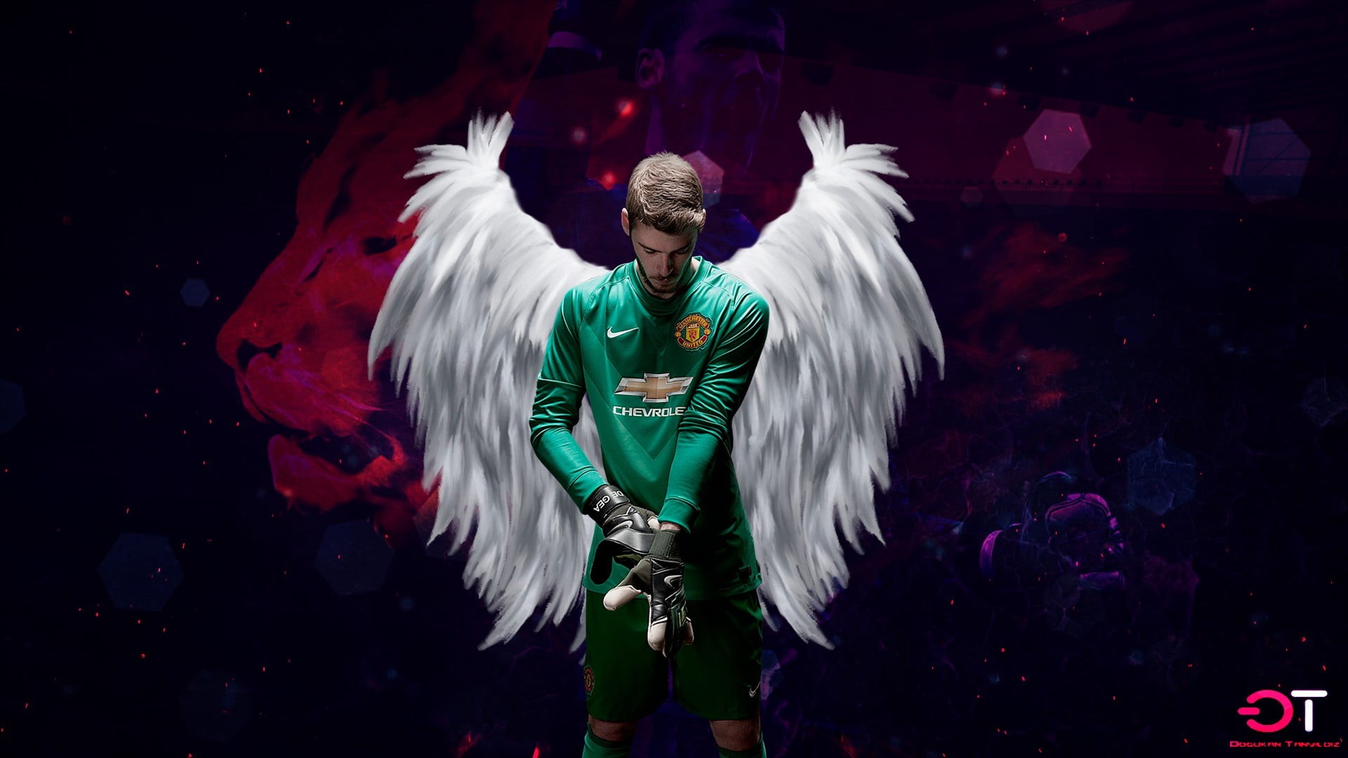 David de Gea, black background, angel, limb, motion, one person, arms raised, digital composite, young adult, V2, multi colored, human limb, studio shot, HD Wallpaper