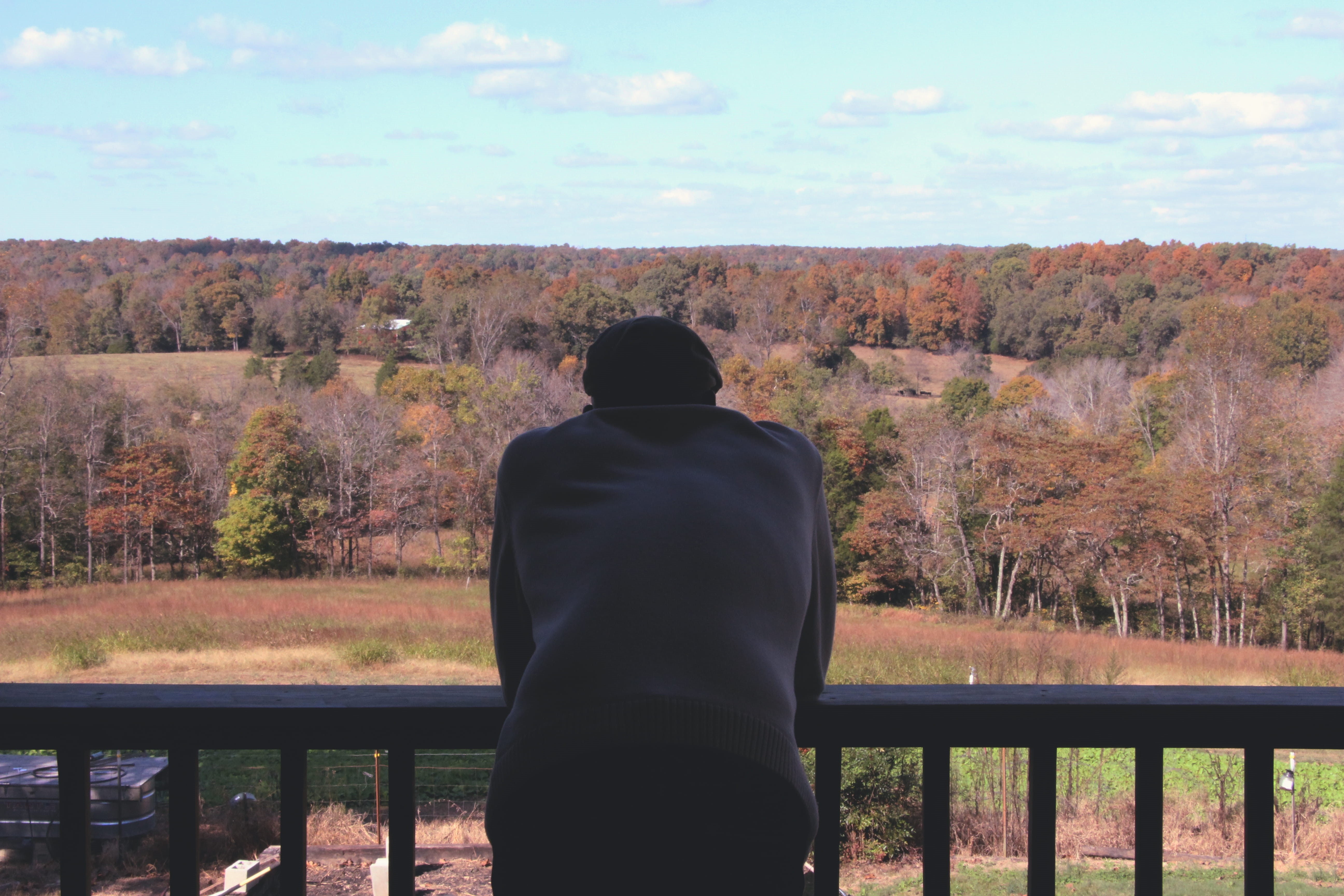 railing, plant, tranquility, tree, leisure activity, person, cap, sky, trees, hat, thinker, men, scenics - nature, three quarter length, looking at view, HD Wallpaper