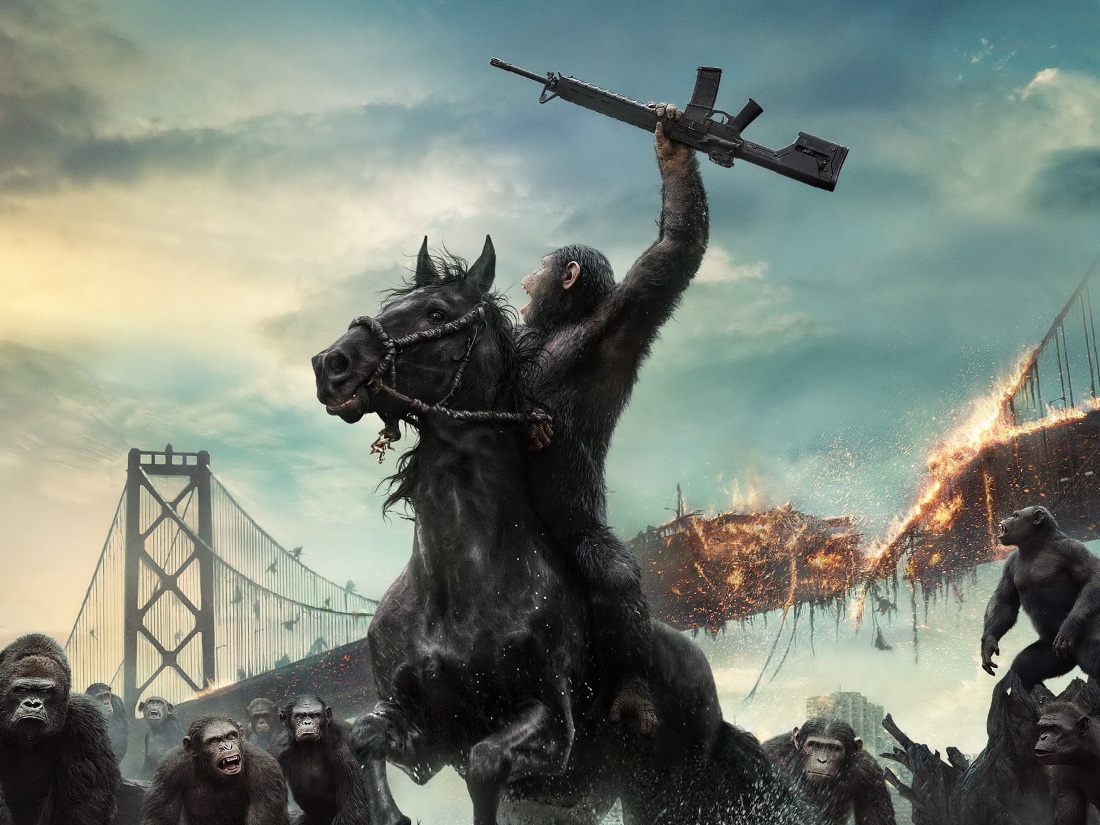 sky, movie, weapon, horse, representation, livestock, rise, dawn of the planet of the apes, day, outdoors, 720P, cloud - sky, creativity, sculpture, no people, HD Wallpaper