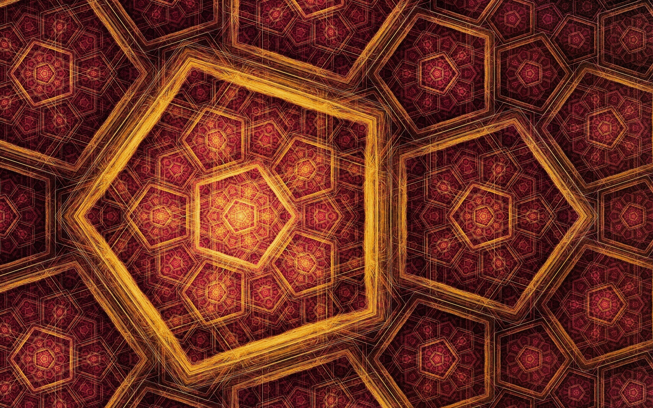 built structure, pattern, hexagon, multi colored, gold, backgrounds, 2K, geometric shape, indoors, digital, architecture, tiled floor, mosaic, directly above, HD Wallpaper