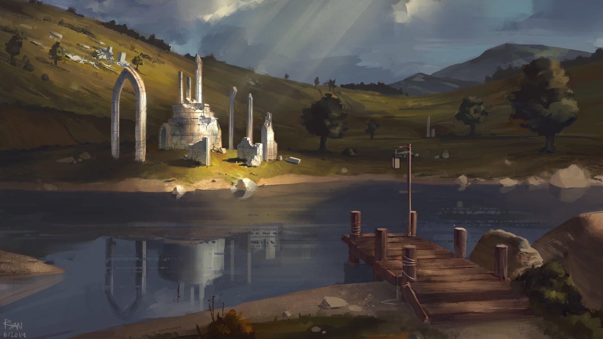 beauty in nature, tranquility, bridge, The Elder Scrolls, lake, cloud - sky, architecture, The Elder Scrolls IV: Oblivion, building exterior, scenics - nature, HD Wallpaper