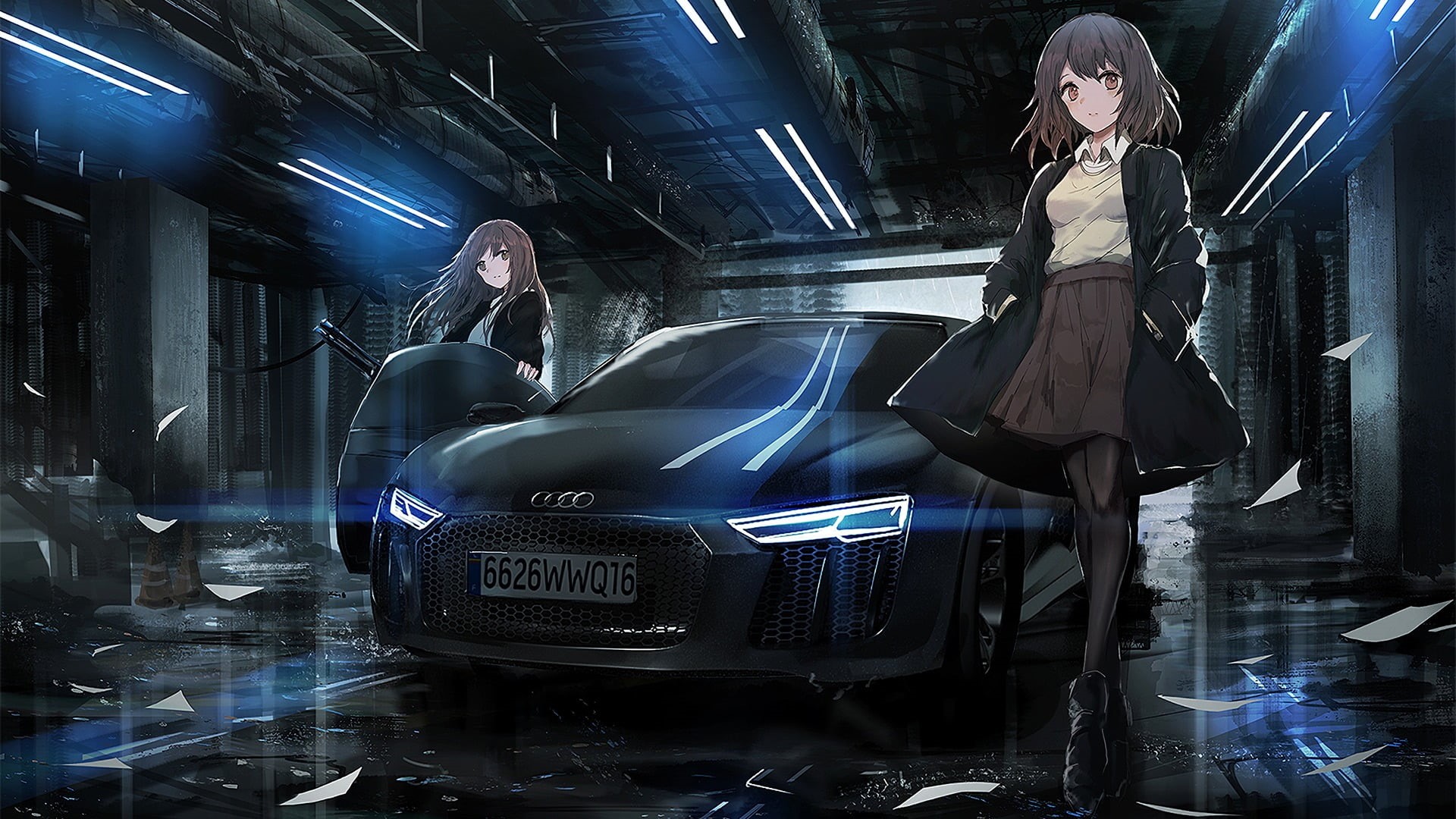 females, night, full length, black, architecture, illustration, audi, indoors, technology, 1080P, car, mode of transportation, mid adult, adult, brunette, HD Wallpaper