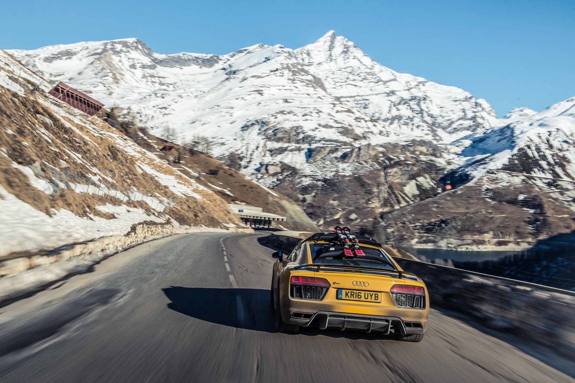 Audi R8, nature, mountains, vehicle, car, day, beauty in nature, yellow, mountain, mountain range, scenics - nature, road, mountain peak, mode of transportation, HD Wallpaper