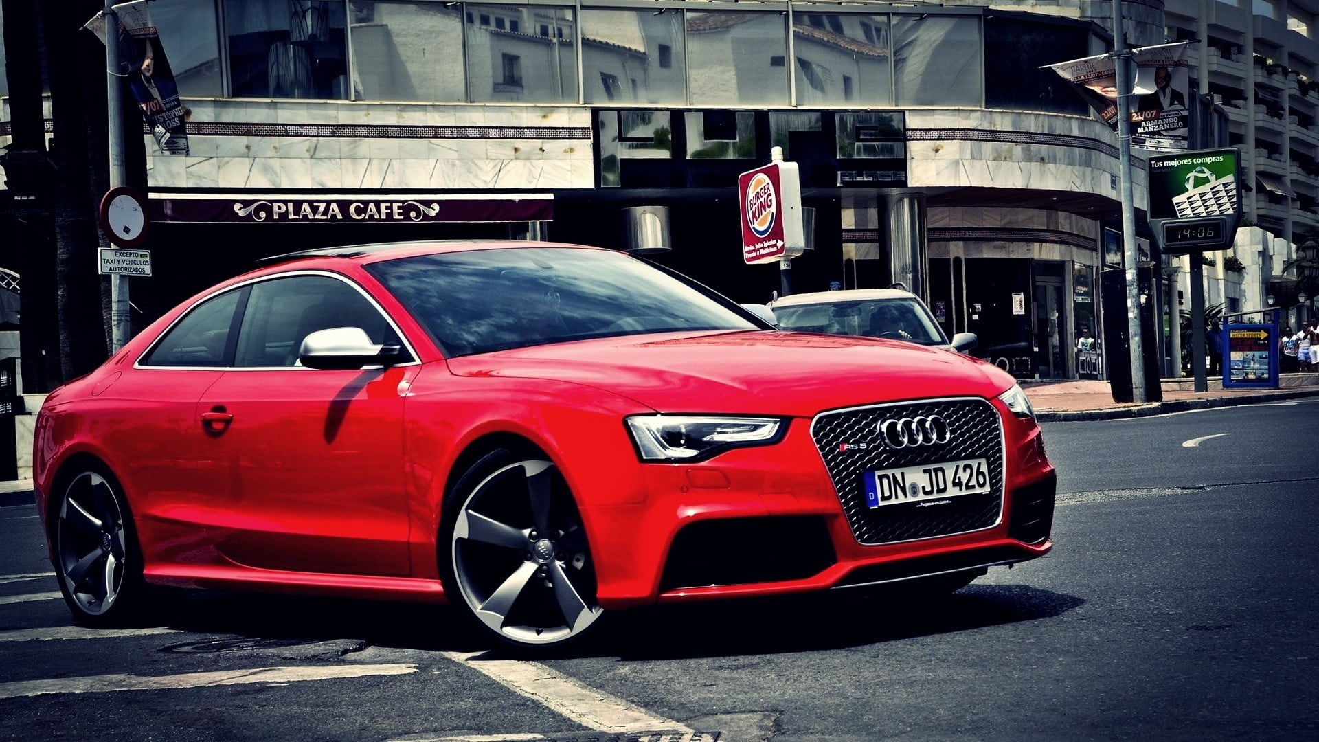 text, western script, motor vehicle, architecture, retro styled, sign, building exterior, transportation, day, Audi, street, luxury, 1080P, coupe, road, HD Wallpaper