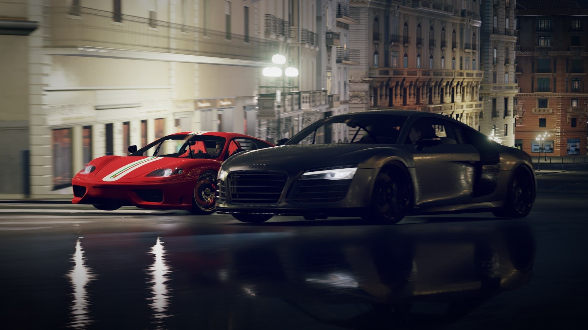 Audi R8, illuminated, shiny, outdoors, speed, lighting equipment, architecture, black cars, Ferrari Challenge Stradale, built structure, car, Forza Horizon 2, HD Wallpaper