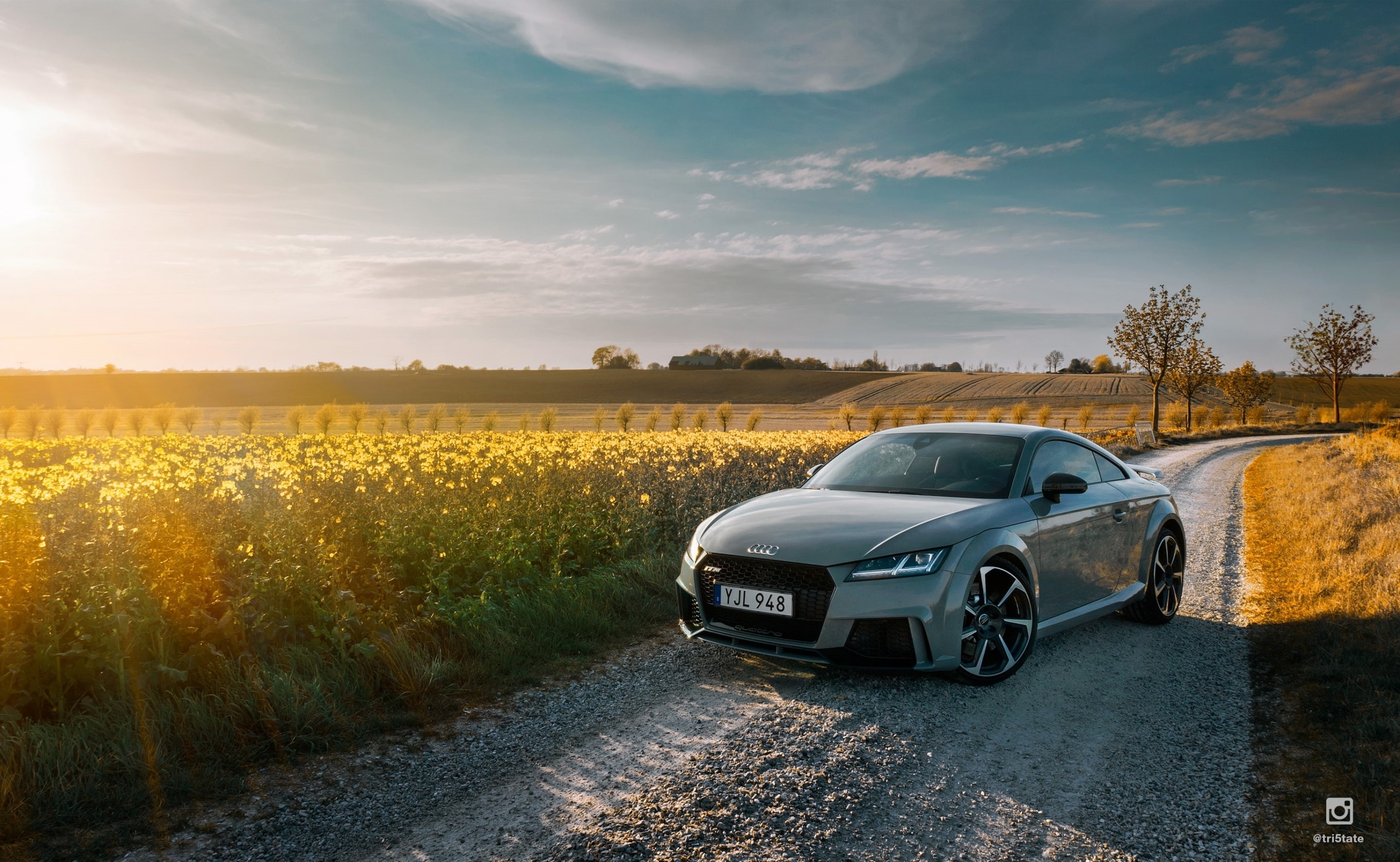 sportcar, tt, environment, landscape, 2K, automotive, gray, outdoors, tree, rural scene, 2017, land vehicle, sunset, Road, Audi, land, sunlight, no people, HD Wallpaper