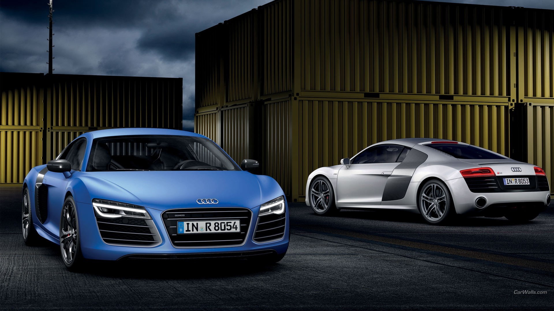 vehicle, 1080P, Audi R8 V10 Plus, silver cars, blue cars, front angle view, Audi R8, Audi, car, Audi R8 Type 42, HD Wallpaper