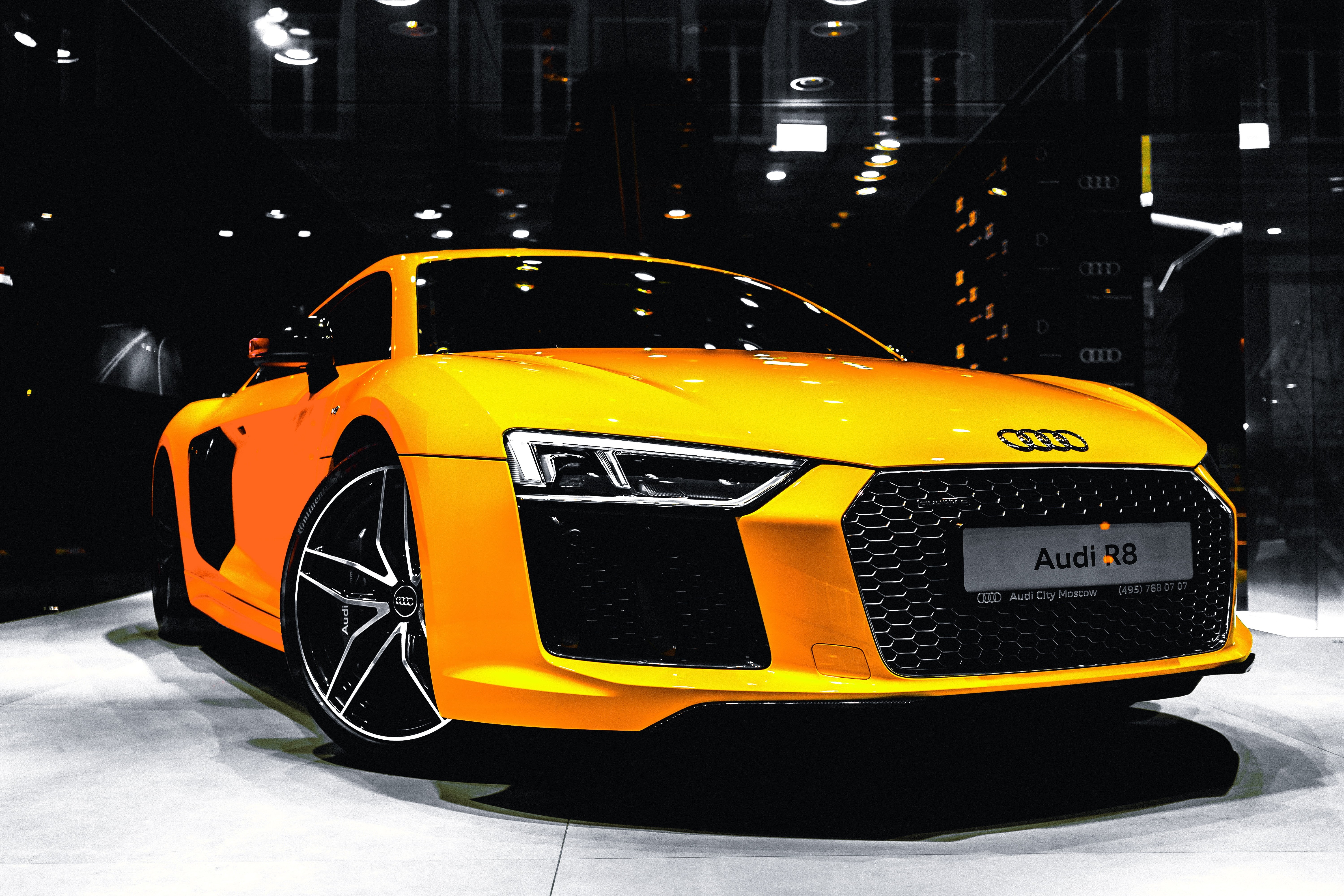 architecture, orange color, car, motor vehicle, audi r8, wheel, city, outdoors, snowing, night, transportation, yellow taxi, taxi, city life, street, yellow, HD Wallpaper