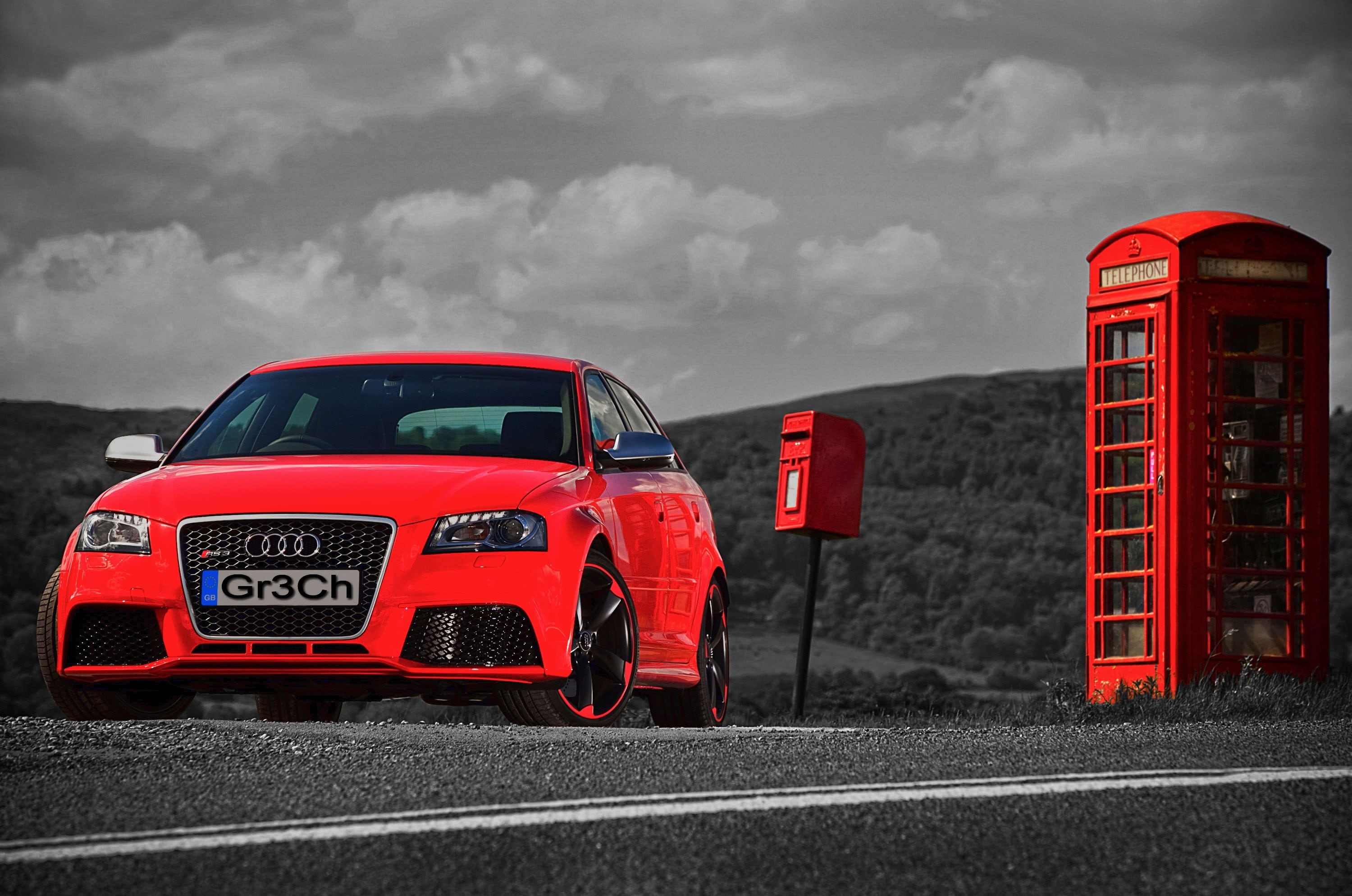 outdoors, 2K, car, transportation, day, storm, sky, overcast, vehicle, nature, selective coloring, road, Audi, cloud - sky, red, storm cloud, no people, HD Wallpaper